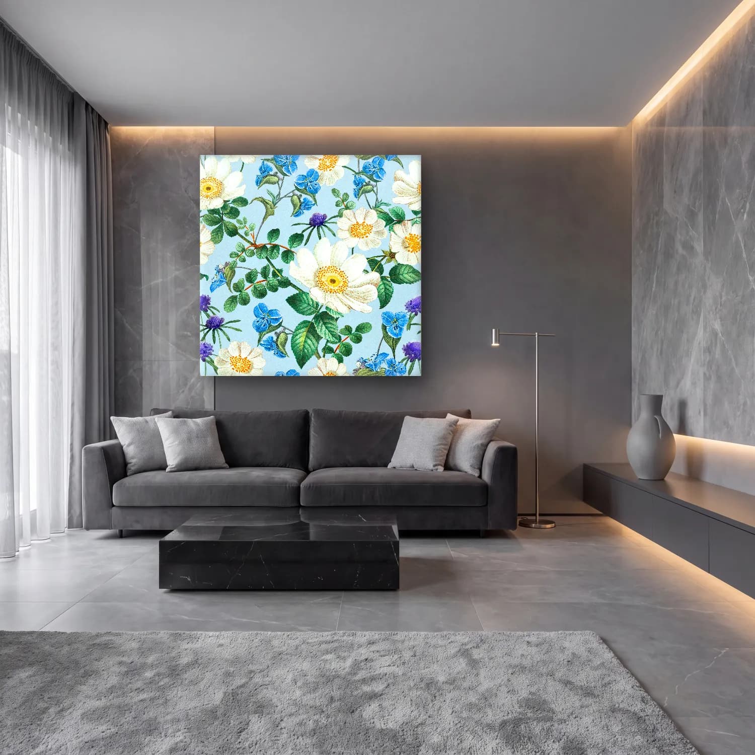 Botanik İllüstrasyon Çiçek Deseni No. 62 cam tablo — lüks salon duvarında