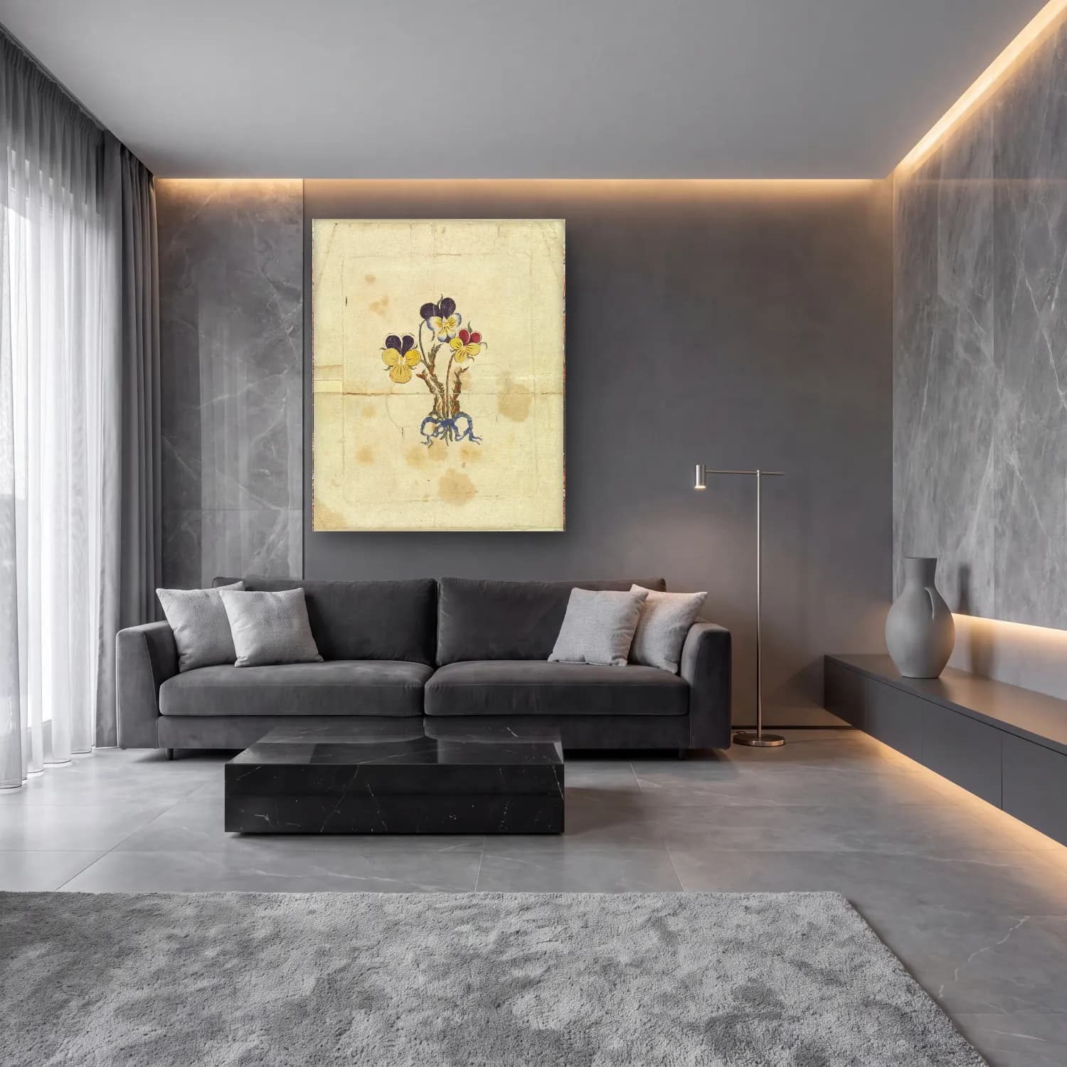 Botanik İllüstrasyon Vazoda Çiçek Buketi No. 15 cam tablo — lüks salon duvarında