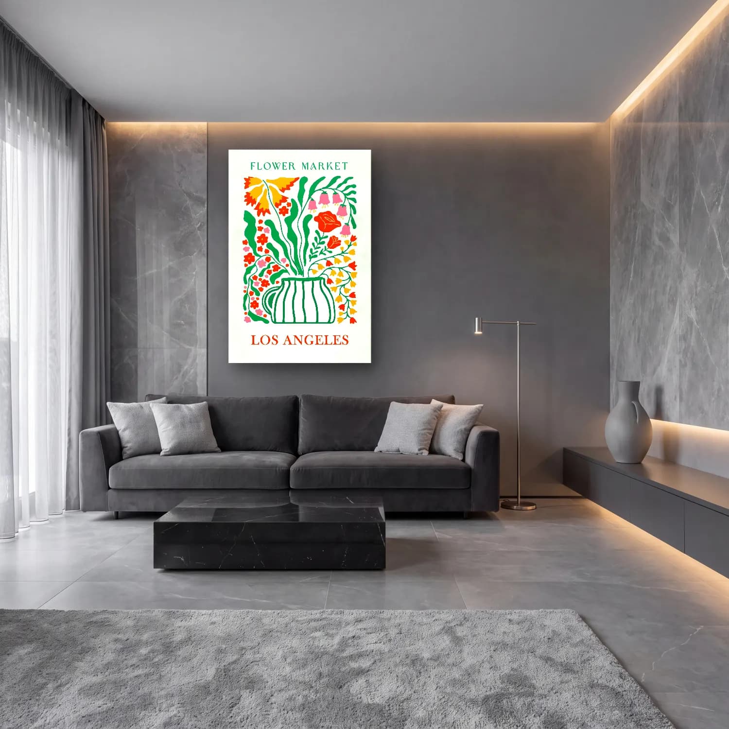 Boho Vazoda Çiçek Buketi No. 9 cam tablo — lüks salon duvarında