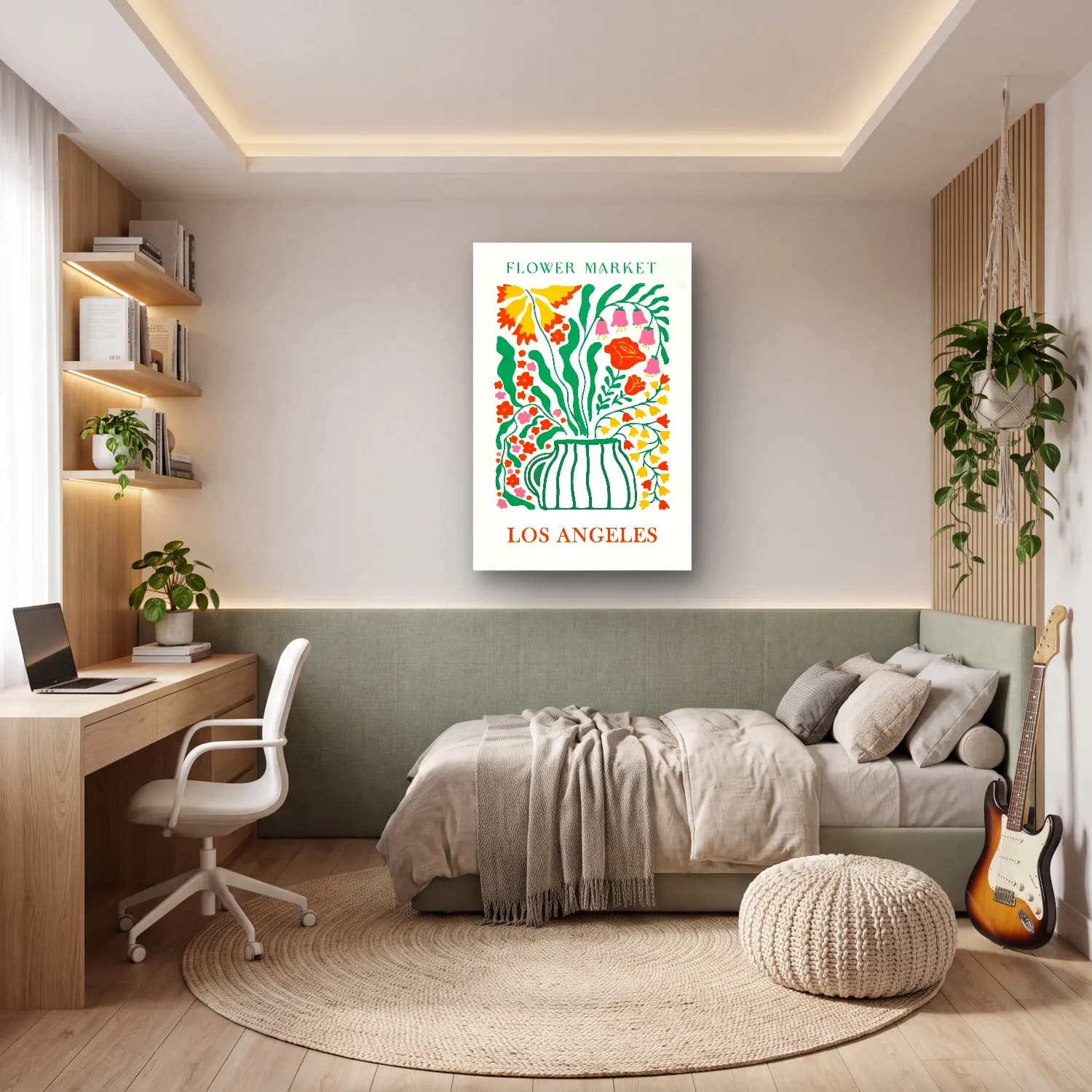 Boho Vazoda Çiçek Buketi No. 9 cam tablo — genç odasında