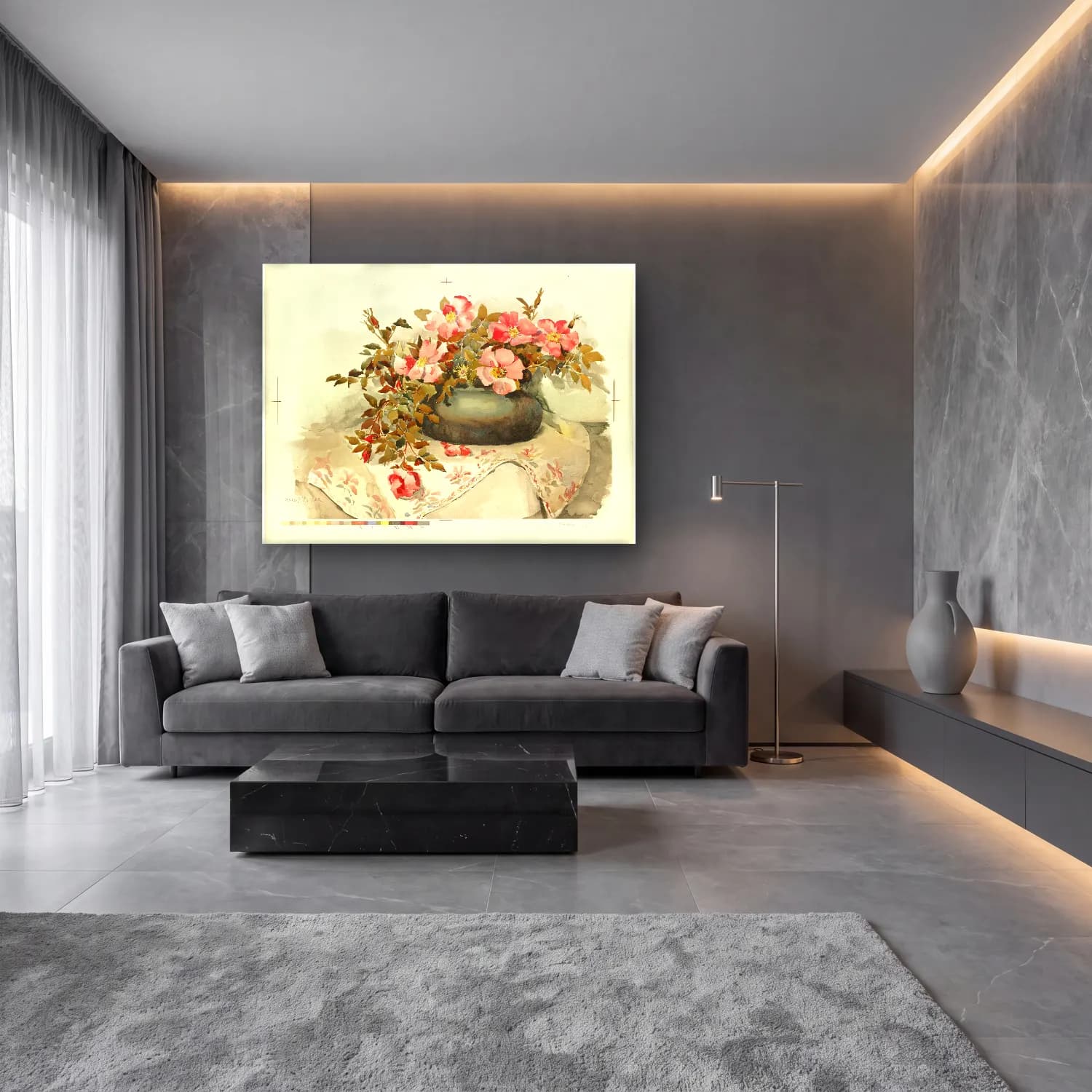 Suluboya Vazoda Çiçek Buketi – Pembe Tonlar cam tablo — lüks salon duvarında