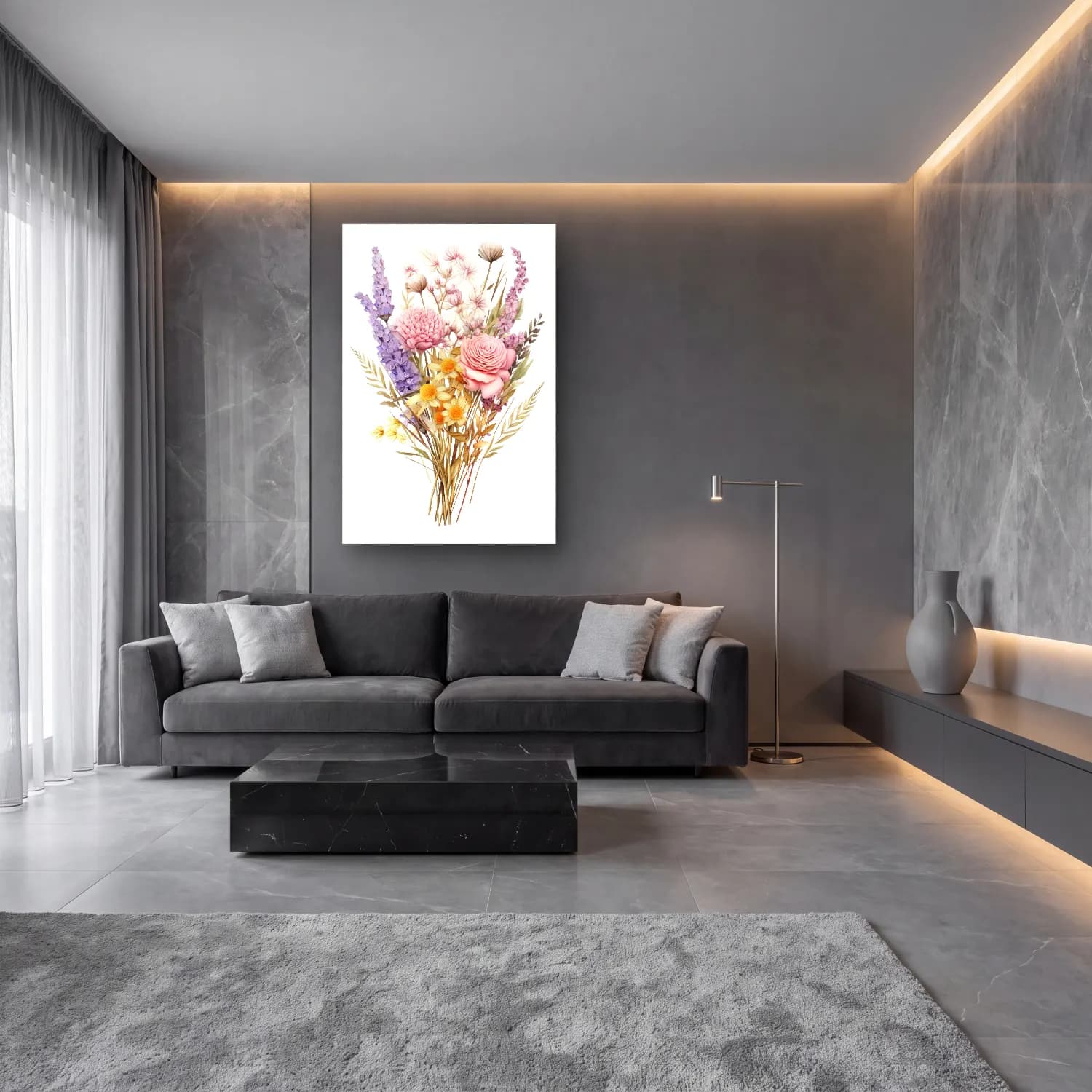 Pastel Vazoda Çiçek Buketi No. 12 cam tablo — lüks salon duvarında