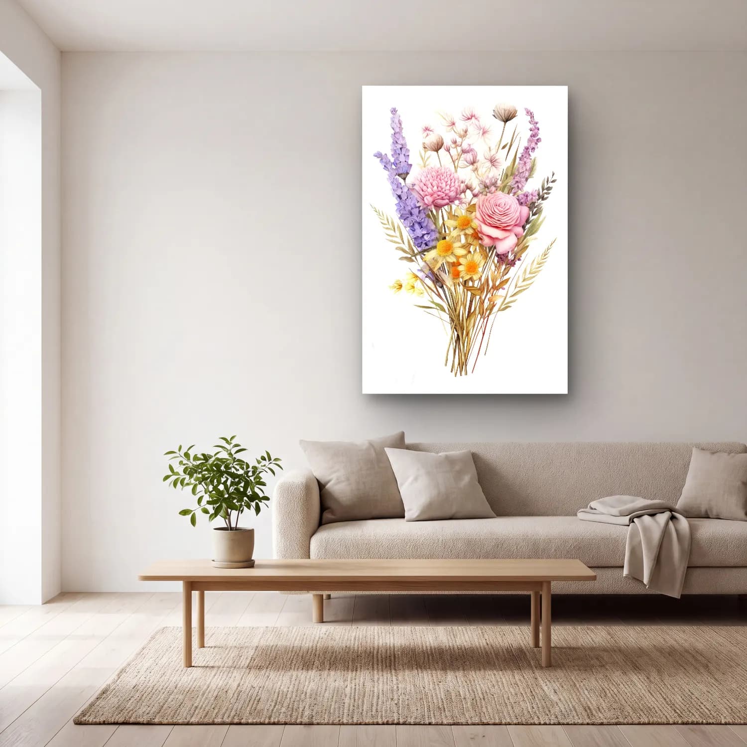 Pastel Vazoda Çiçek Buketi No. 12 cam tablo — açık renk salonda