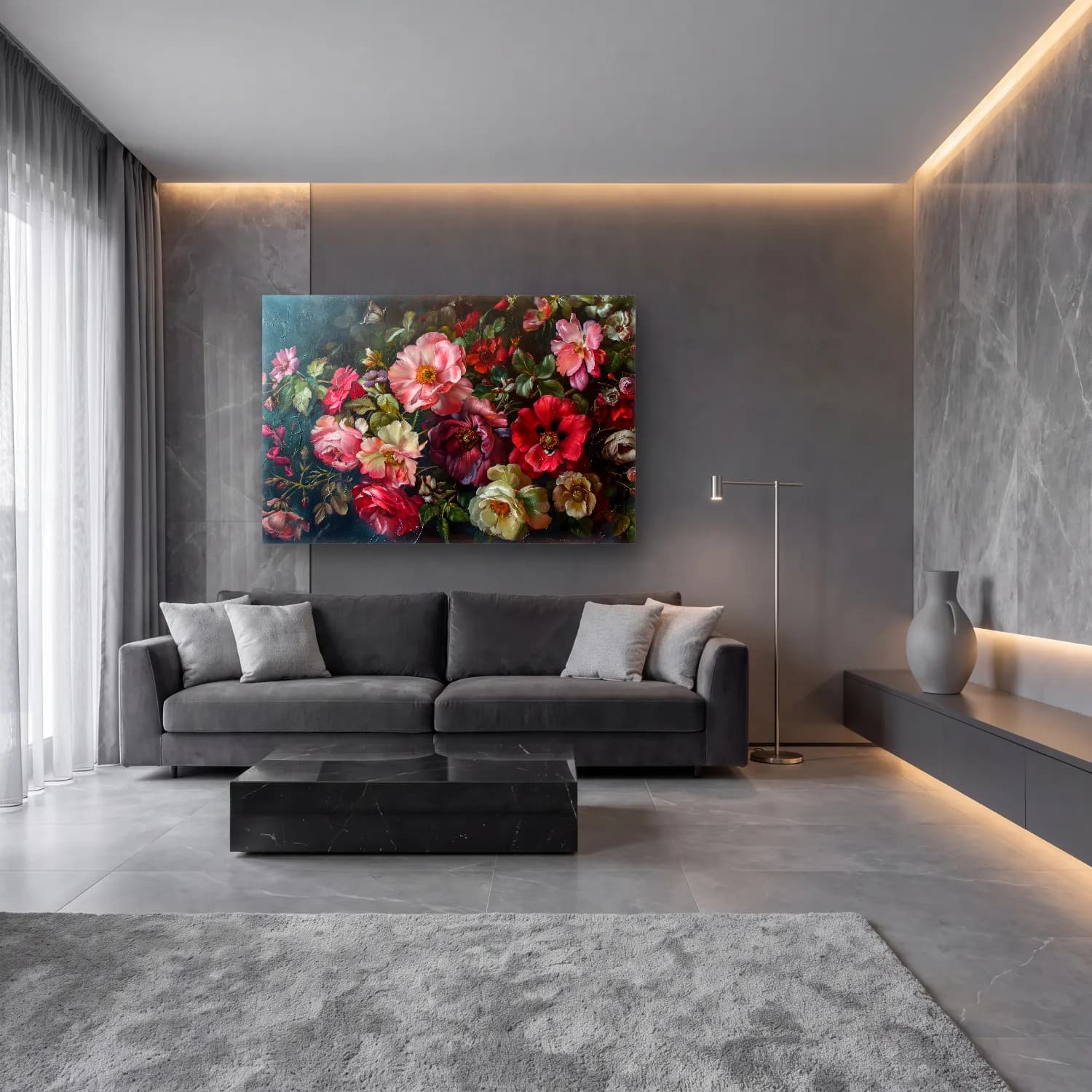 Yağlı Boya Güller cam tablo — lüks salon duvarında