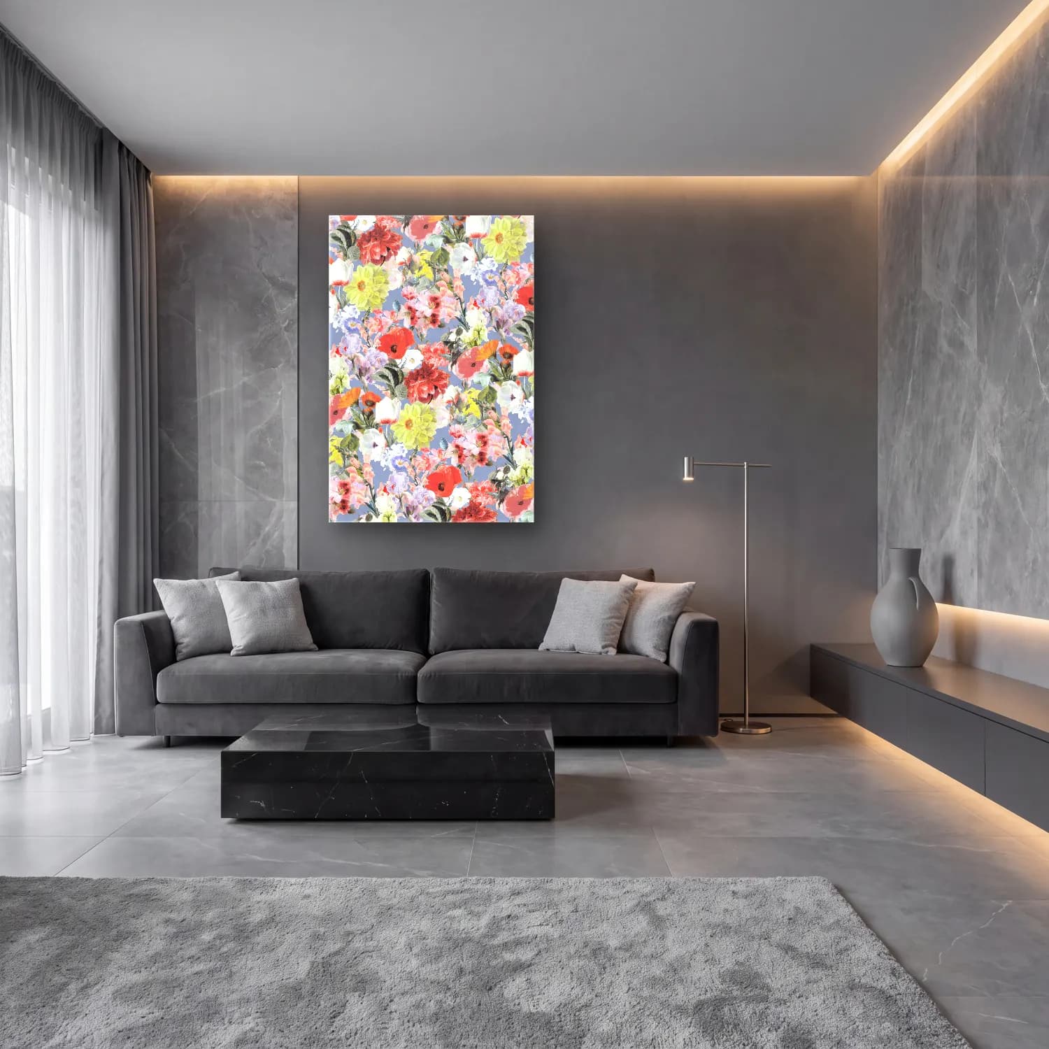 Pastel Çiçek Deseni No. 84 cam tablo — lüks salon duvarında