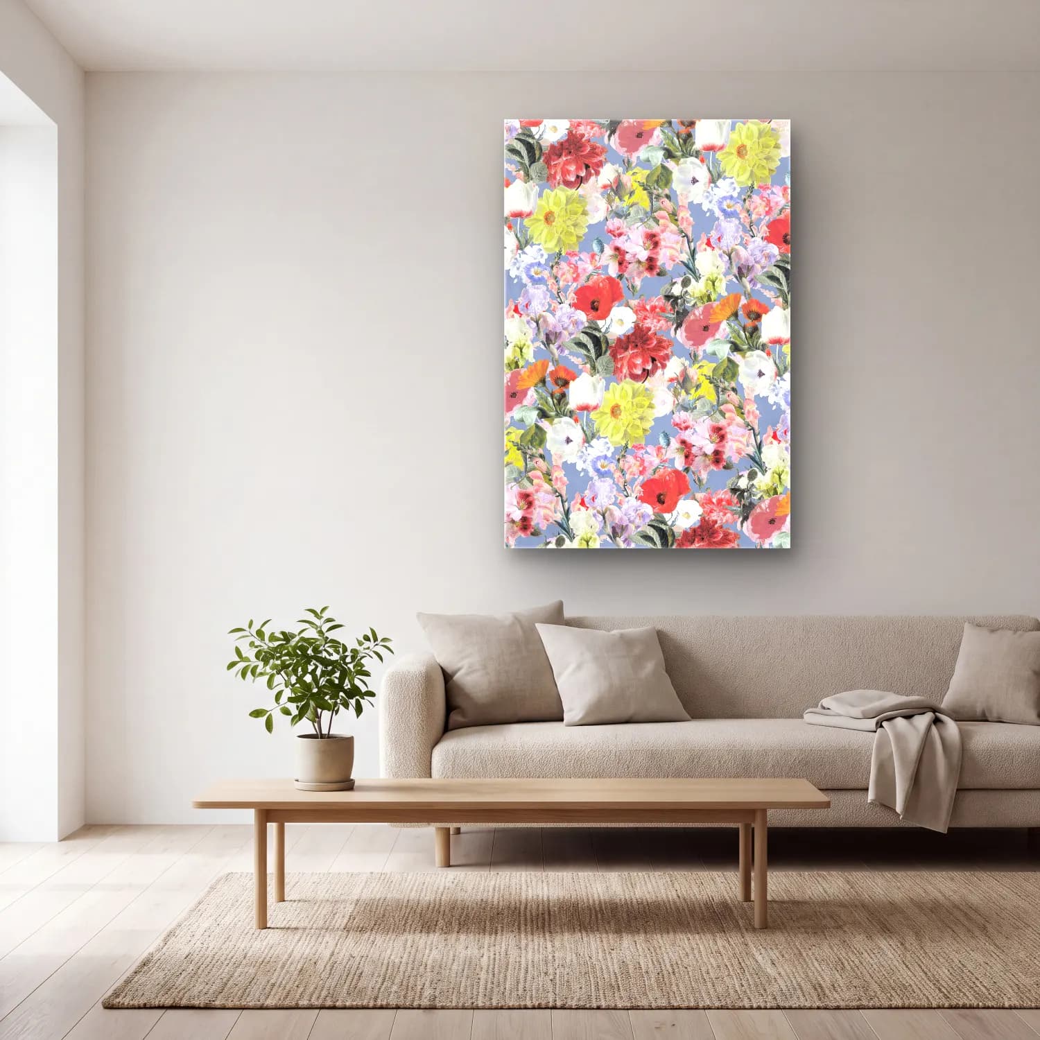 Pastel Çiçek Deseni No. 84 cam tablo — açık renk salonda