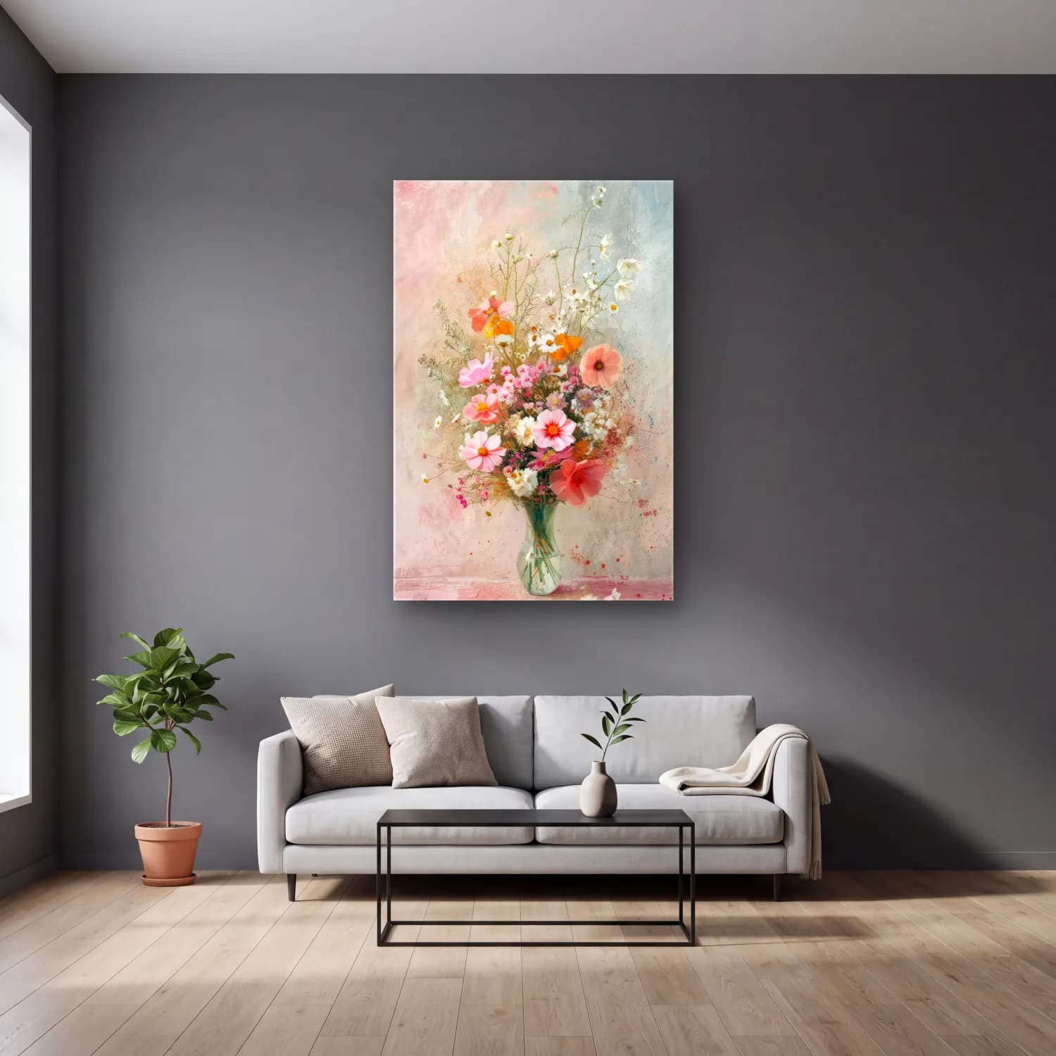 Pastel Vazoda Çiçek Buketi No. 13 cam tablo — gri duvarlı salonda
