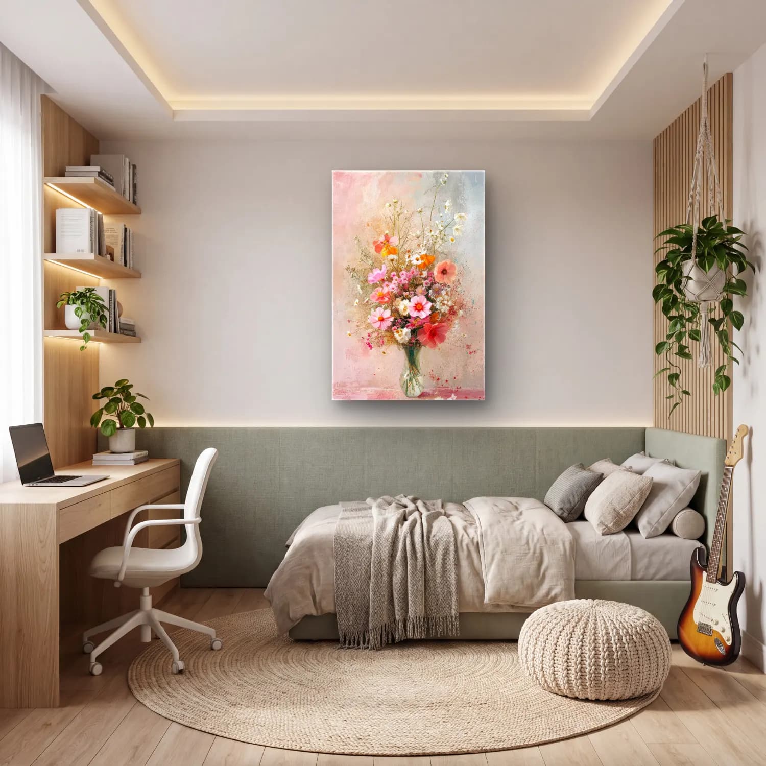 Pastel Vazoda Çiçek Buketi No. 13 cam tablo — genç odasında