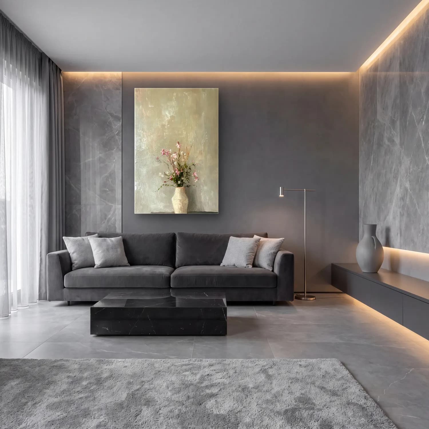 Pastel Vazoda Çiçek Buketi No. 14 cam tablo — lüks salon duvarında
