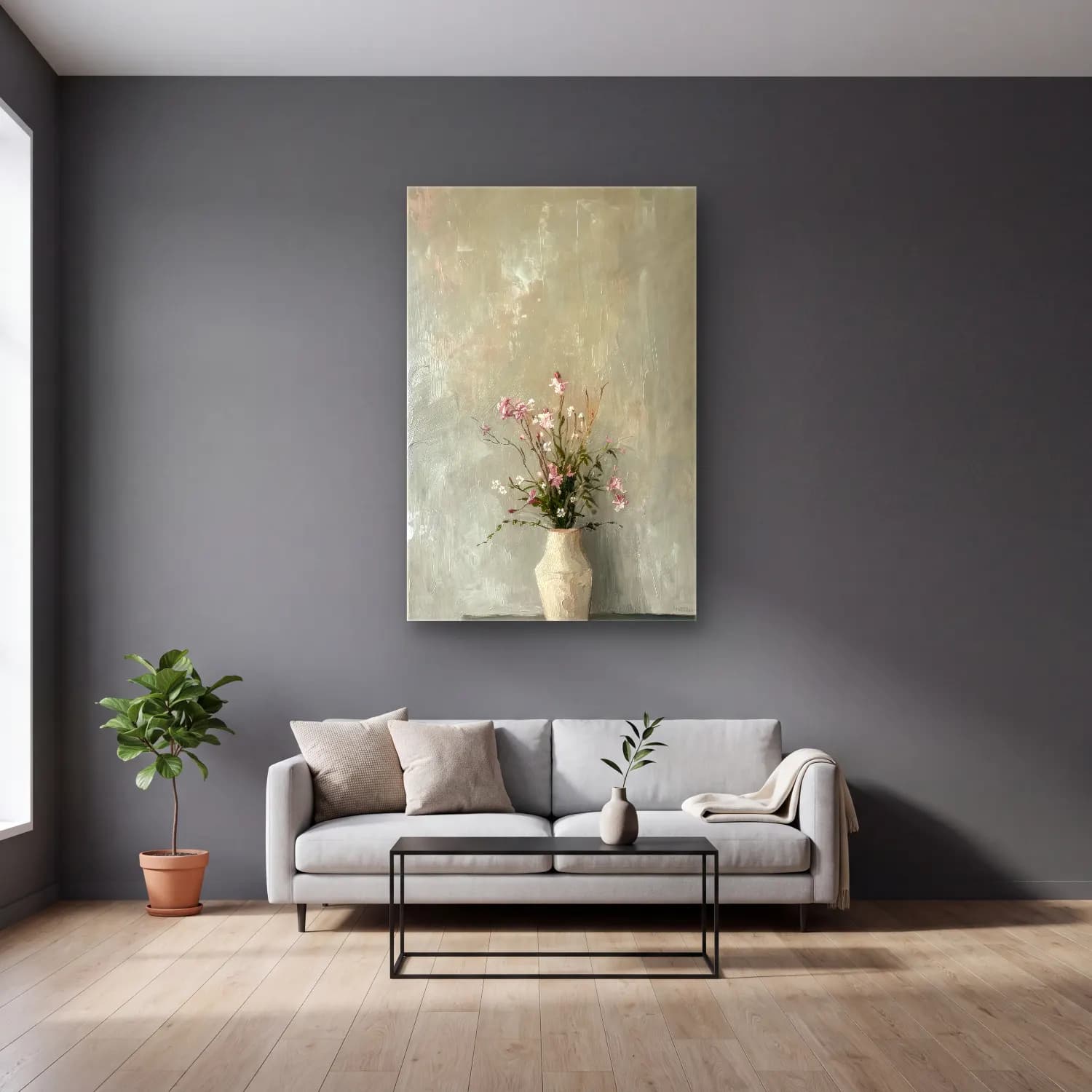 Pastel Vazoda Çiçek Buketi No. 14 cam tablo — gri duvarlı salonda