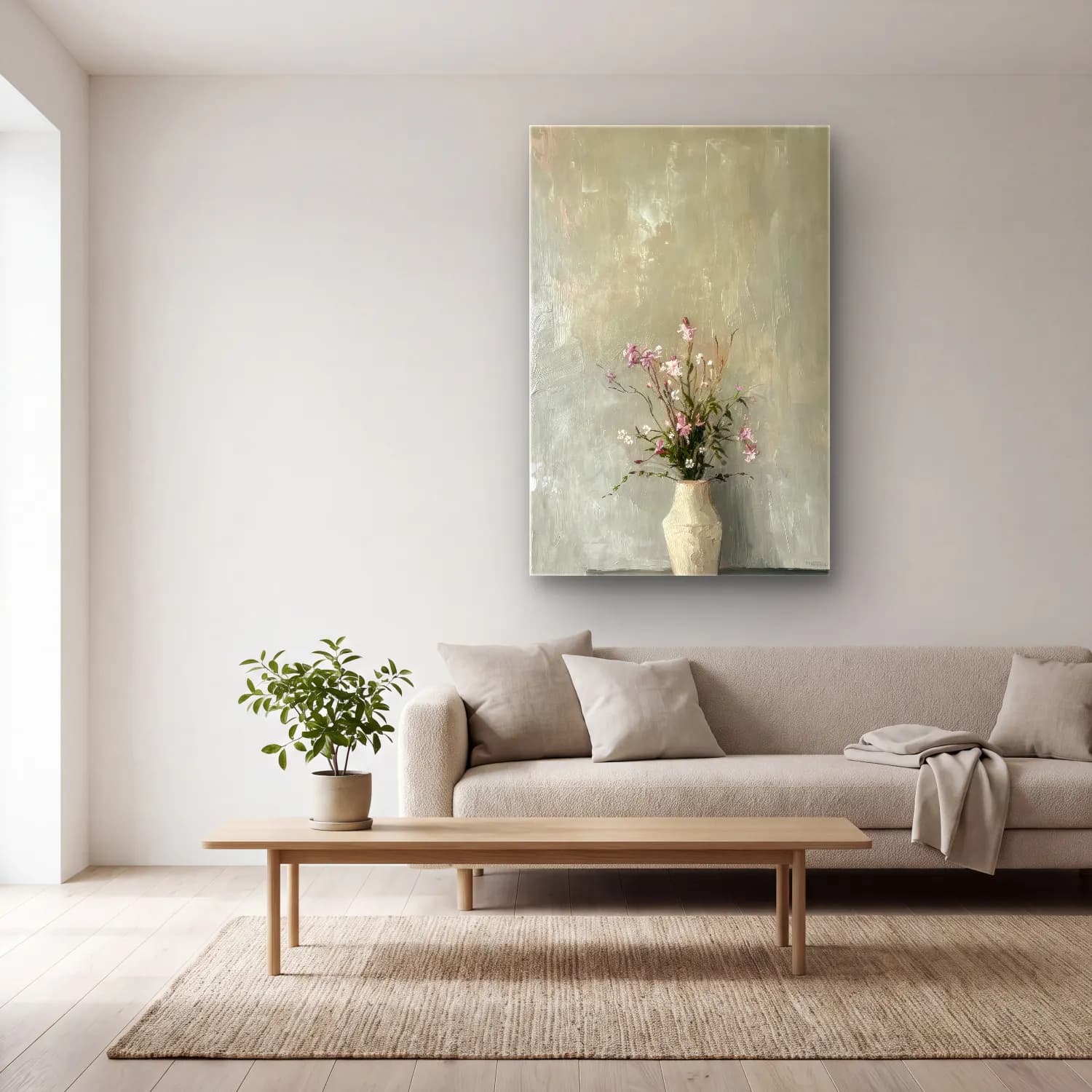 Pastel Vazoda Çiçek Buketi No. 14 cam tablo — açık renk salonda