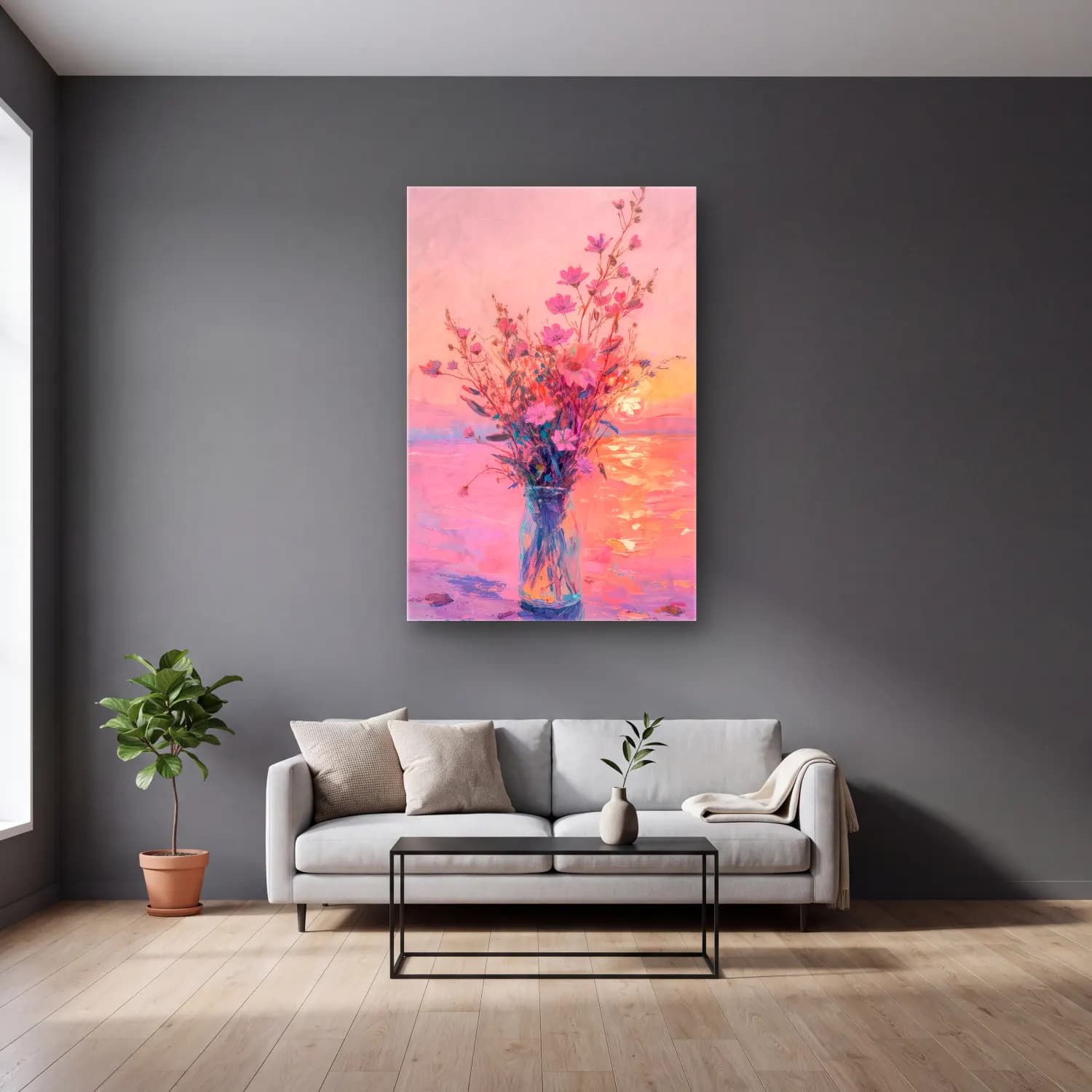 Pastel Vazoda Çiçek Buketi No. 15 cam tablo — gri duvarlı salonda