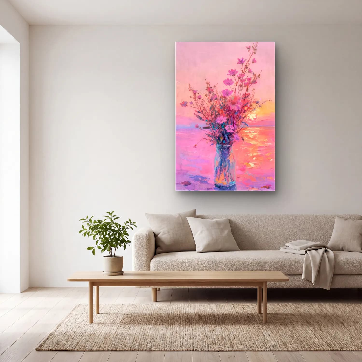 Pastel Vazoda Çiçek Buketi No. 15 cam tablo — açık renk salonda