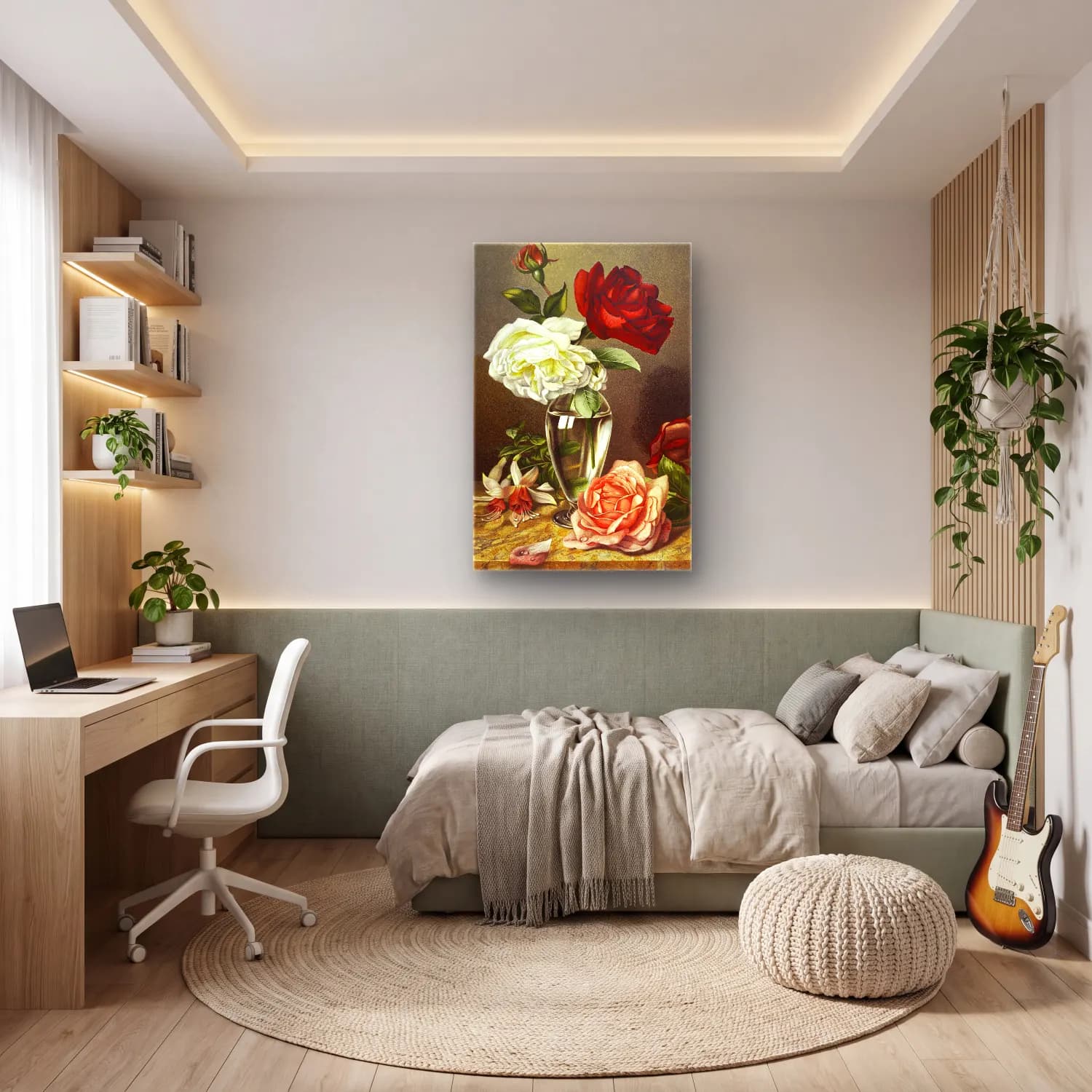 Botanik İllüstrasyon Güller – Pastel Tonlar cam tablo — genç odasında