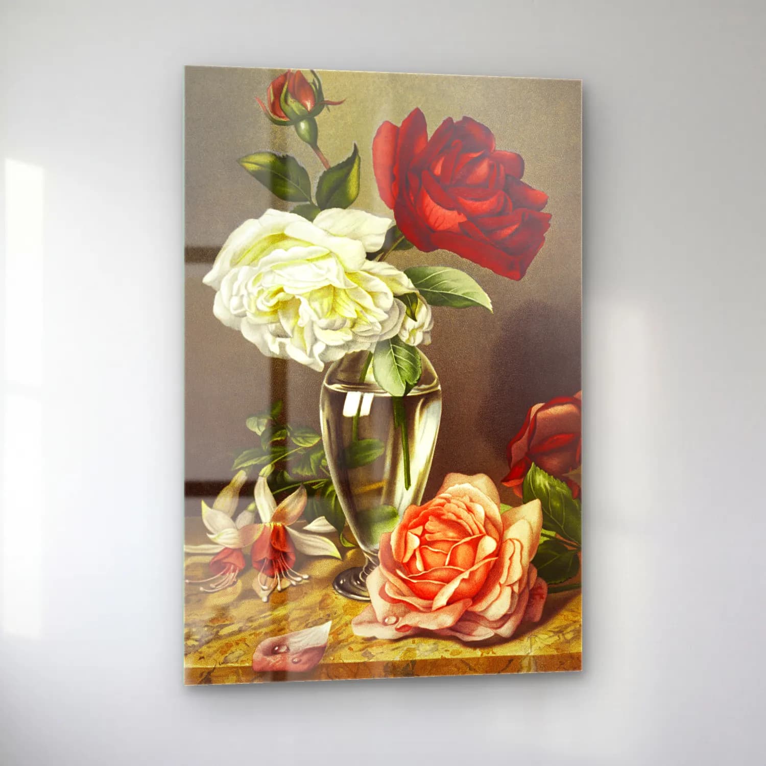 Botanik İllüstrasyon Güller – Pastel Tonlar cam tablo — sol açıdan görünüm