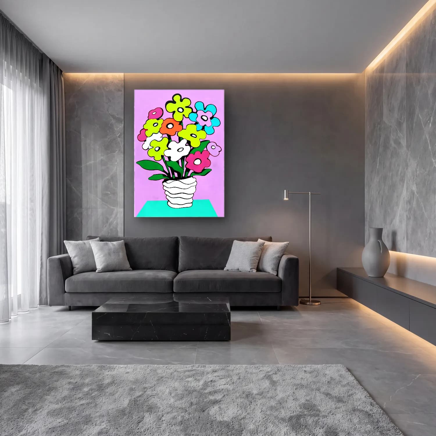 Pop Art Vazoda Çiçek Buketi cam tablo — lüks salon duvarında