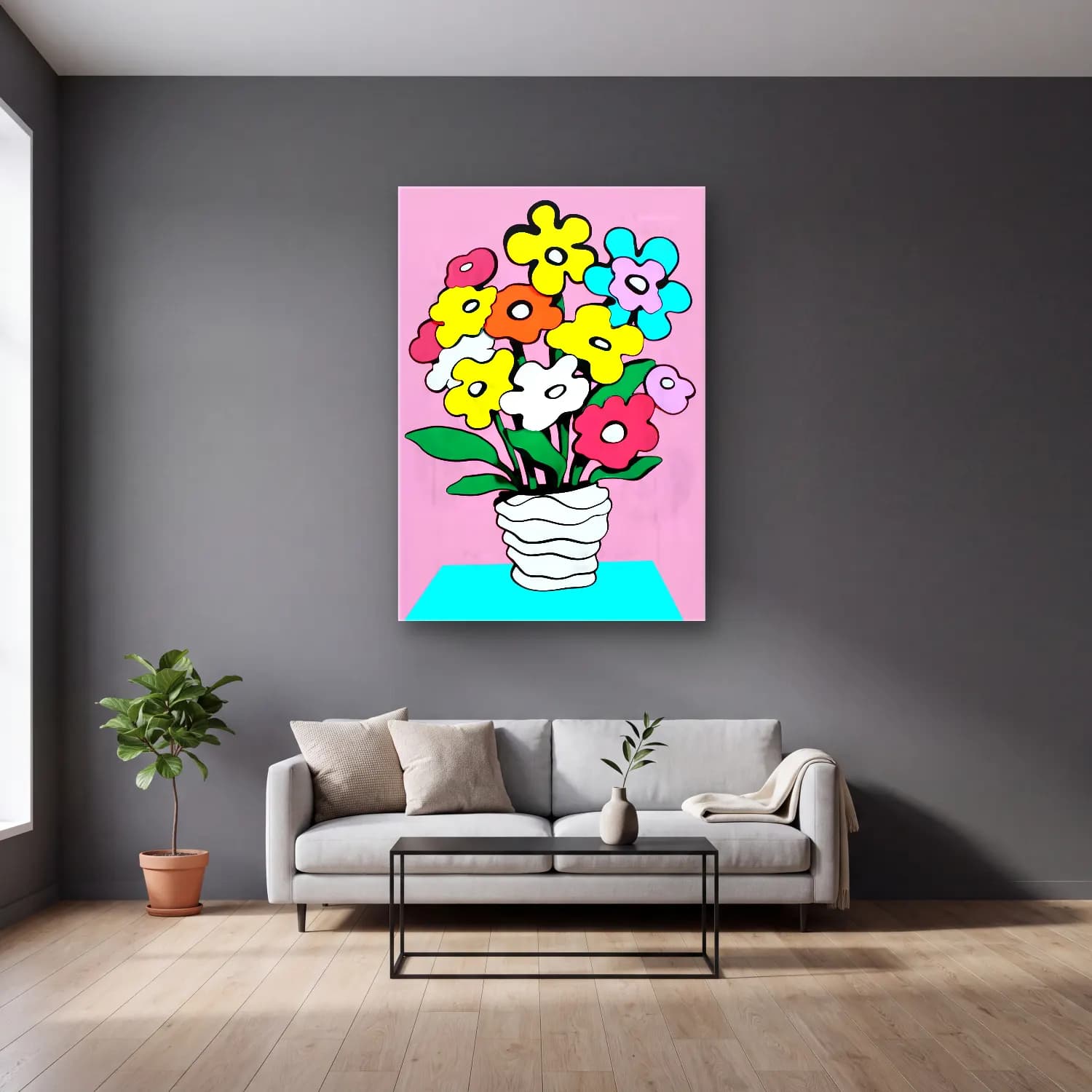 Pop Art Vazoda Çiçek Buketi cam tablo — gri duvarlı salonda