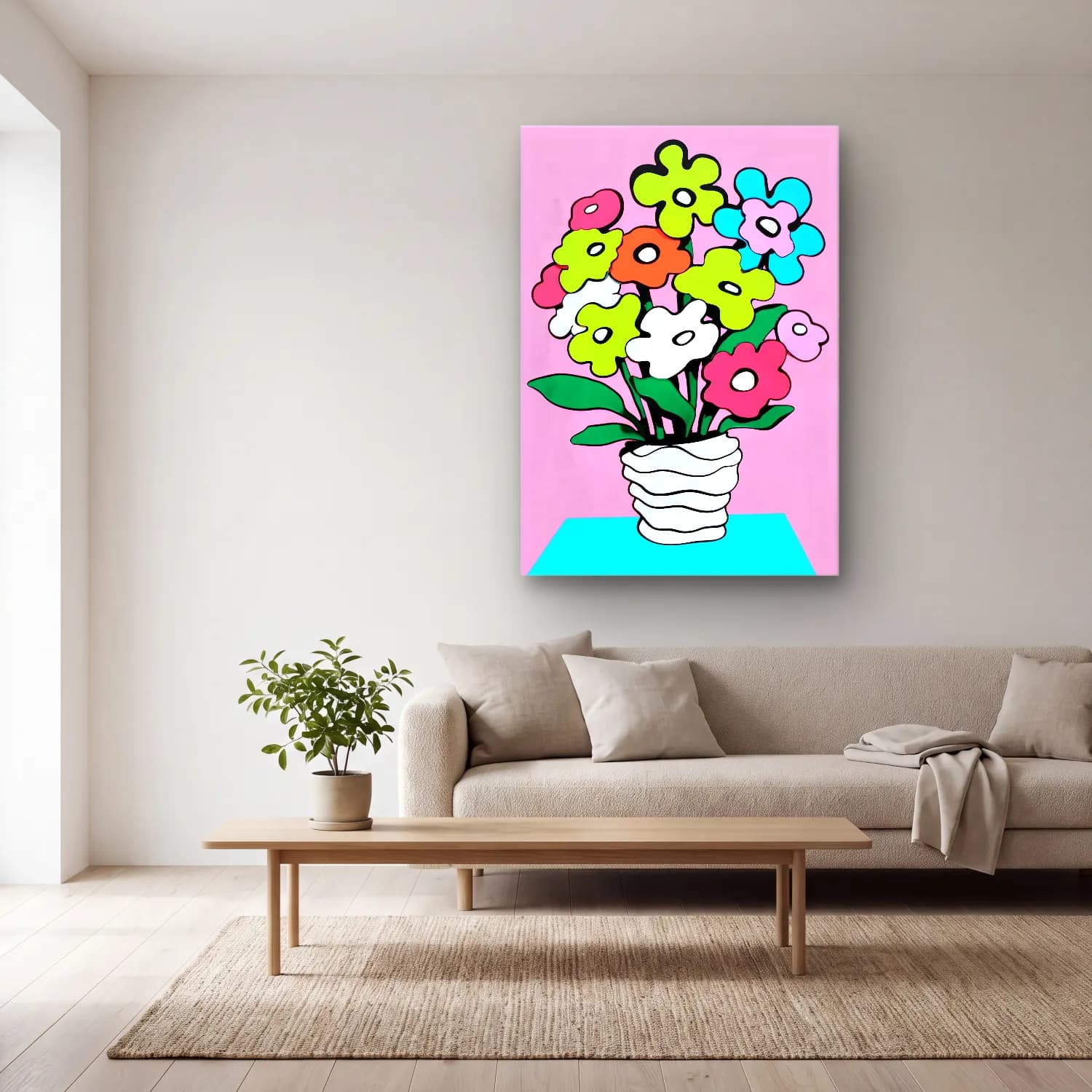 Pop Art Vazoda Çiçek Buketi cam tablo — açık renk salonda