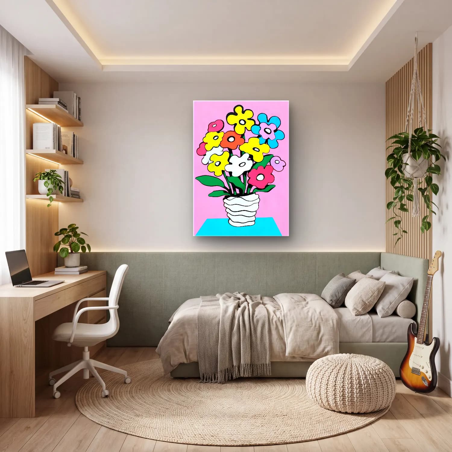 Pop Art Vazoda Çiçek Buketi cam tablo — genç odasında