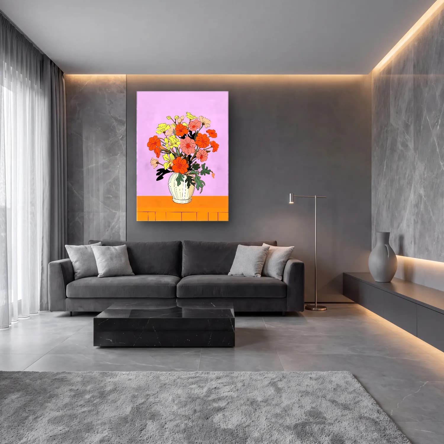 Pastel Vazoda Çiçek Buketi No. 16 cam tablo — lüks salon duvarında