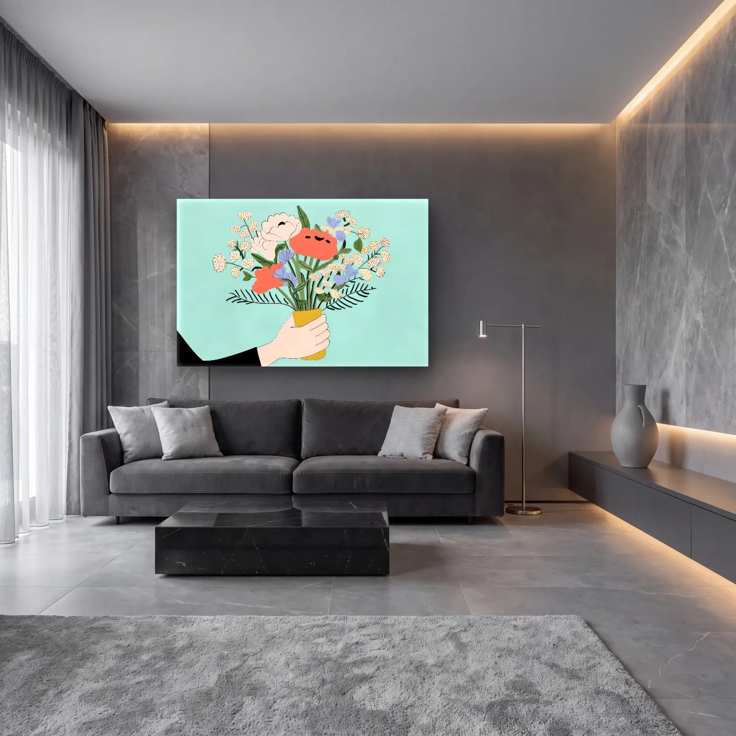 Pastel Vazoda Çiçek Buketi – Turkuaz Tonlar cam tablo — lüks salon duvarında