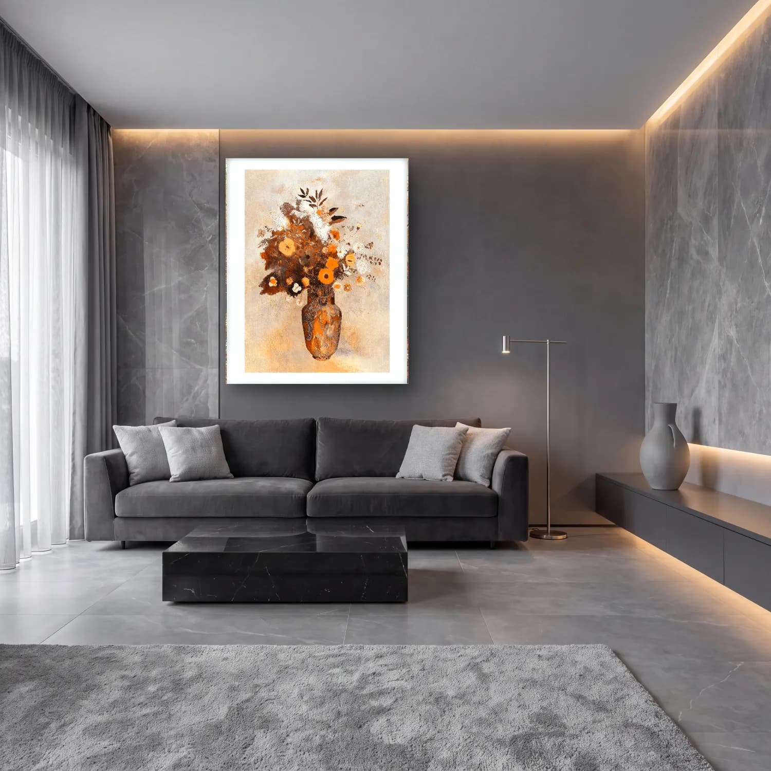 Boho Vazoda Çiçek Buketi No. 10 cam tablo — lüks salon duvarında