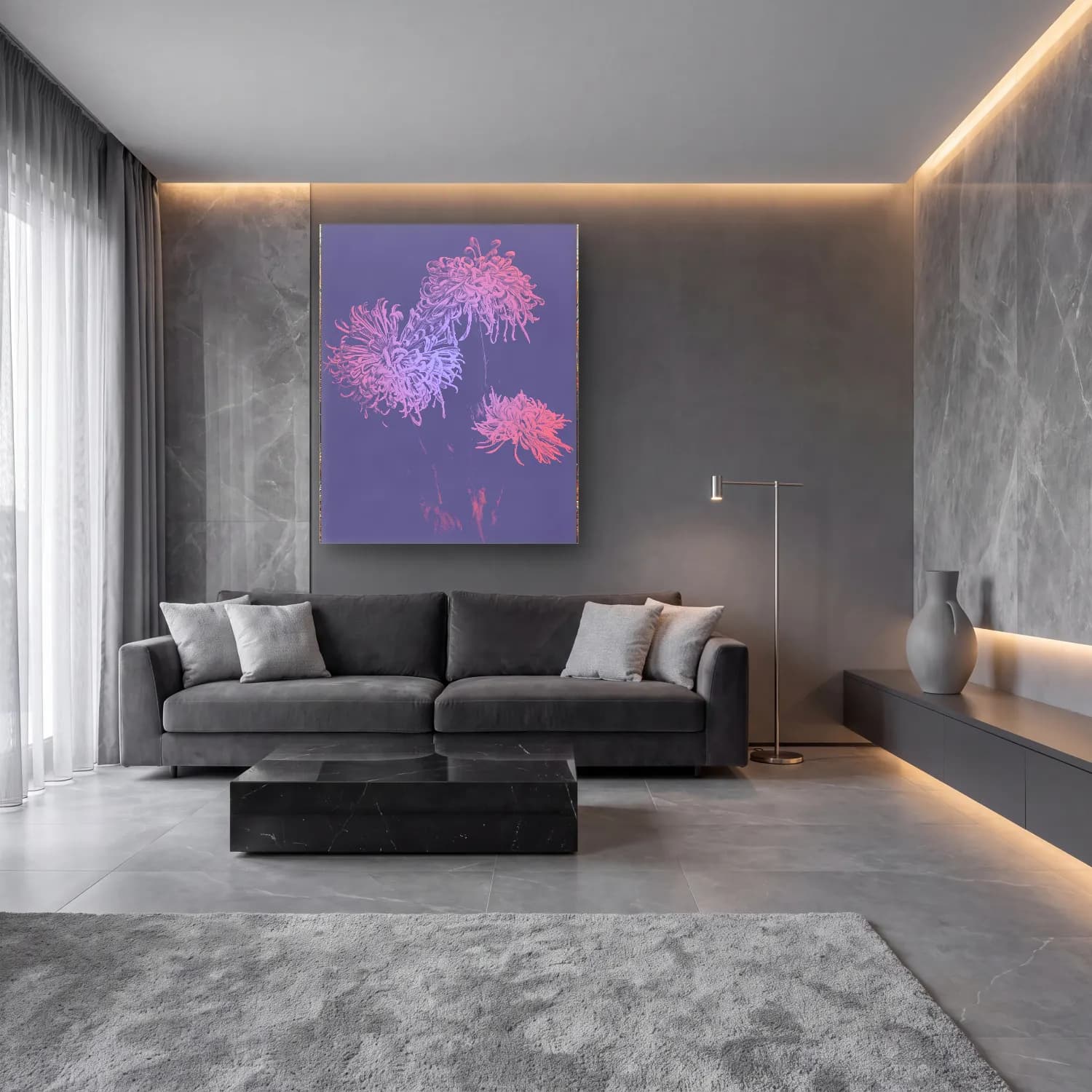 Pastel Çiçek Deseni No. 91 cam tablo — lüks salon duvarında