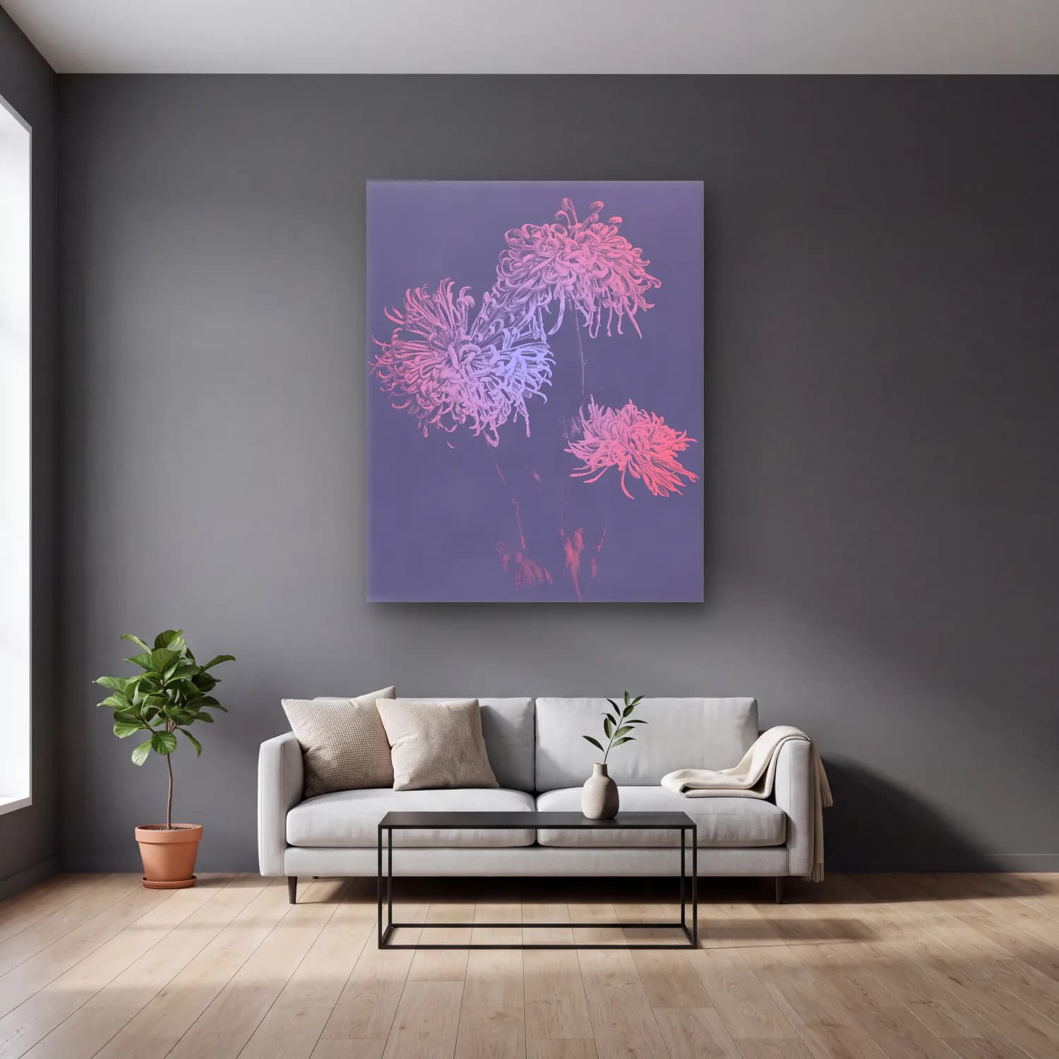 Pastel Çiçek Deseni No. 91 cam tablo — gri duvarlı salonda