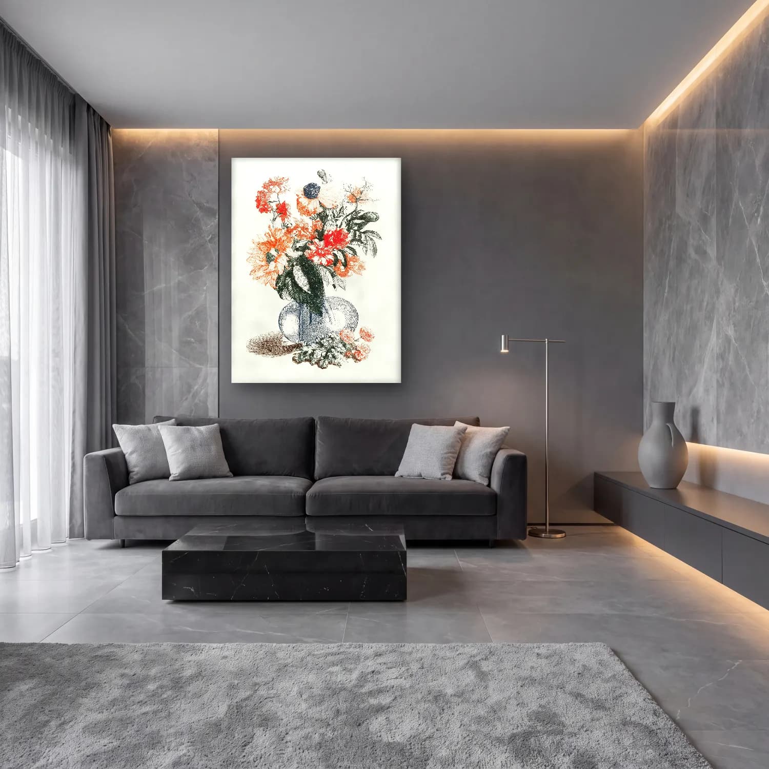 Botanik İllüstrasyon Vazoda Çiçek Buketi No. 38 cam tablo — lüks salon duvarında