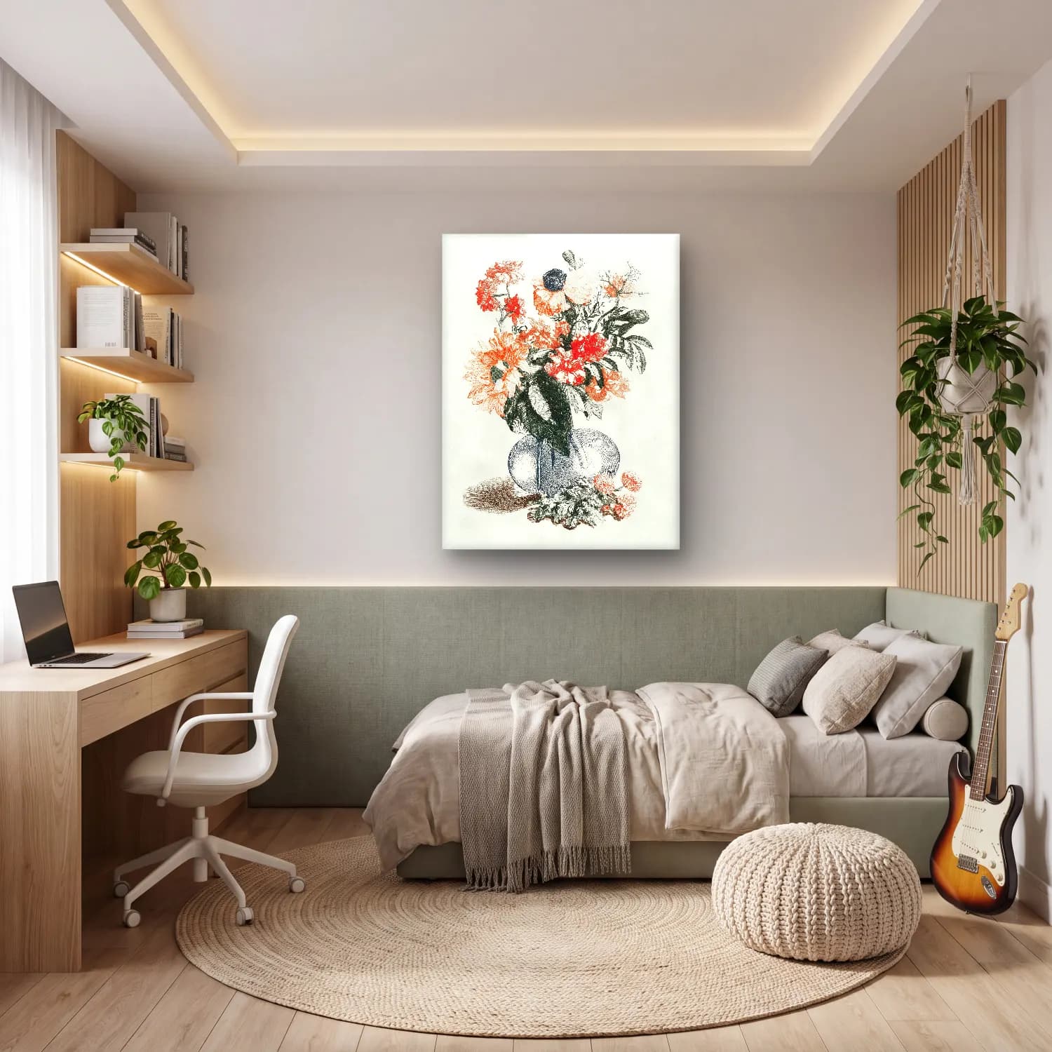 Botanik İllüstrasyon Vazoda Çiçek Buketi No. 38 cam tablo — genç odasında