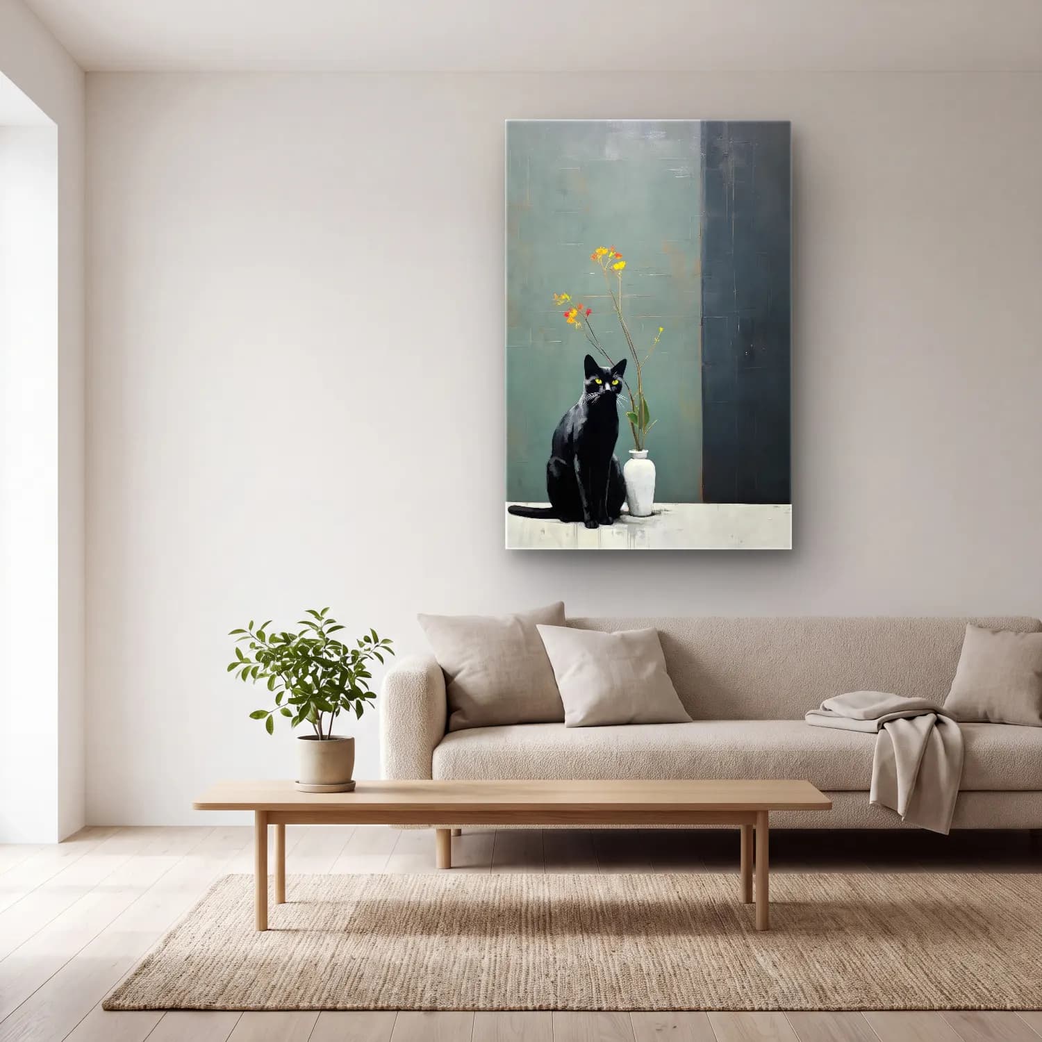 Yağlı Boya Kedi – Turkuaz Tonlar cam tablo — açık renk salonda