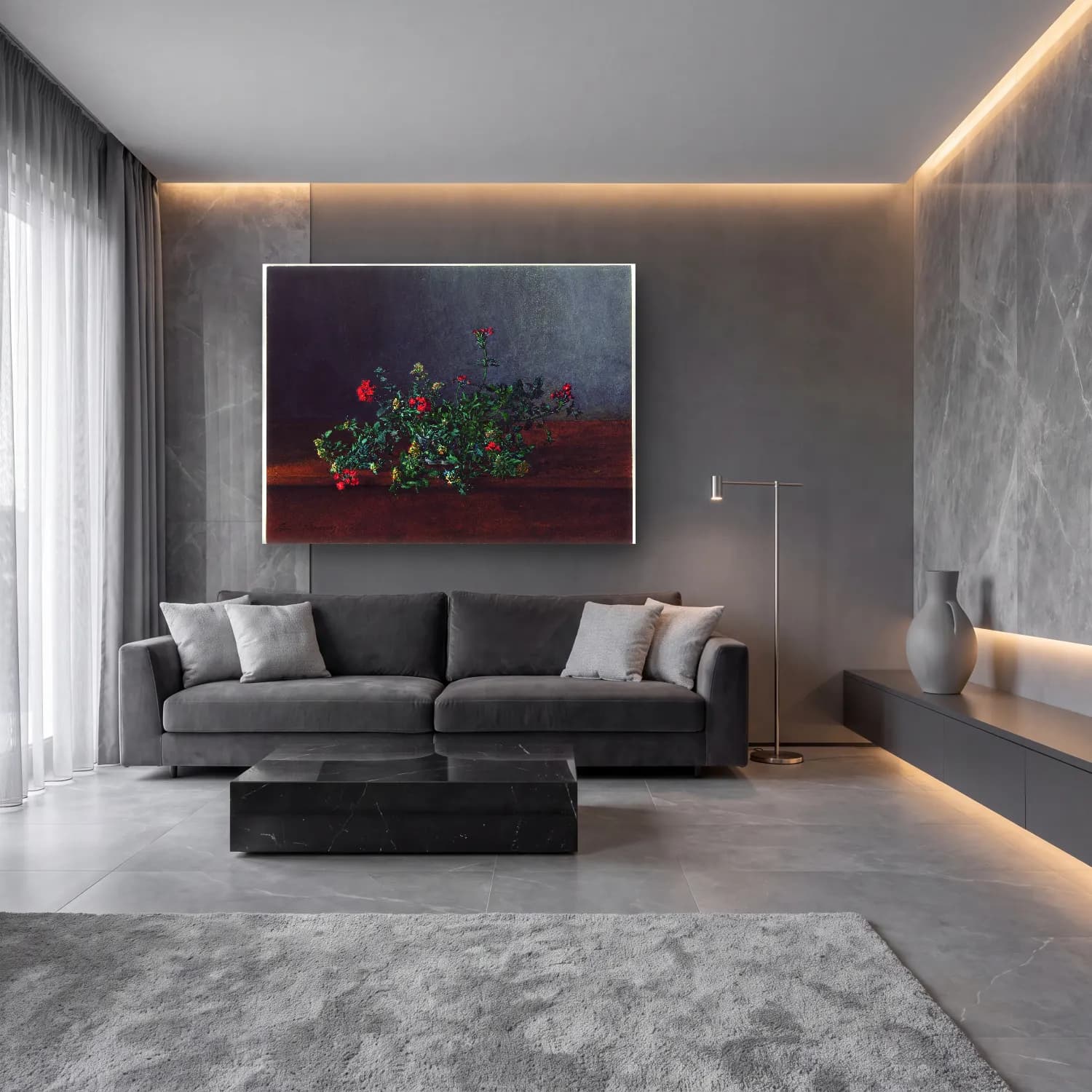 Yağlı Boya Kır Çiçekleri cam tablo — lüks salon duvarında