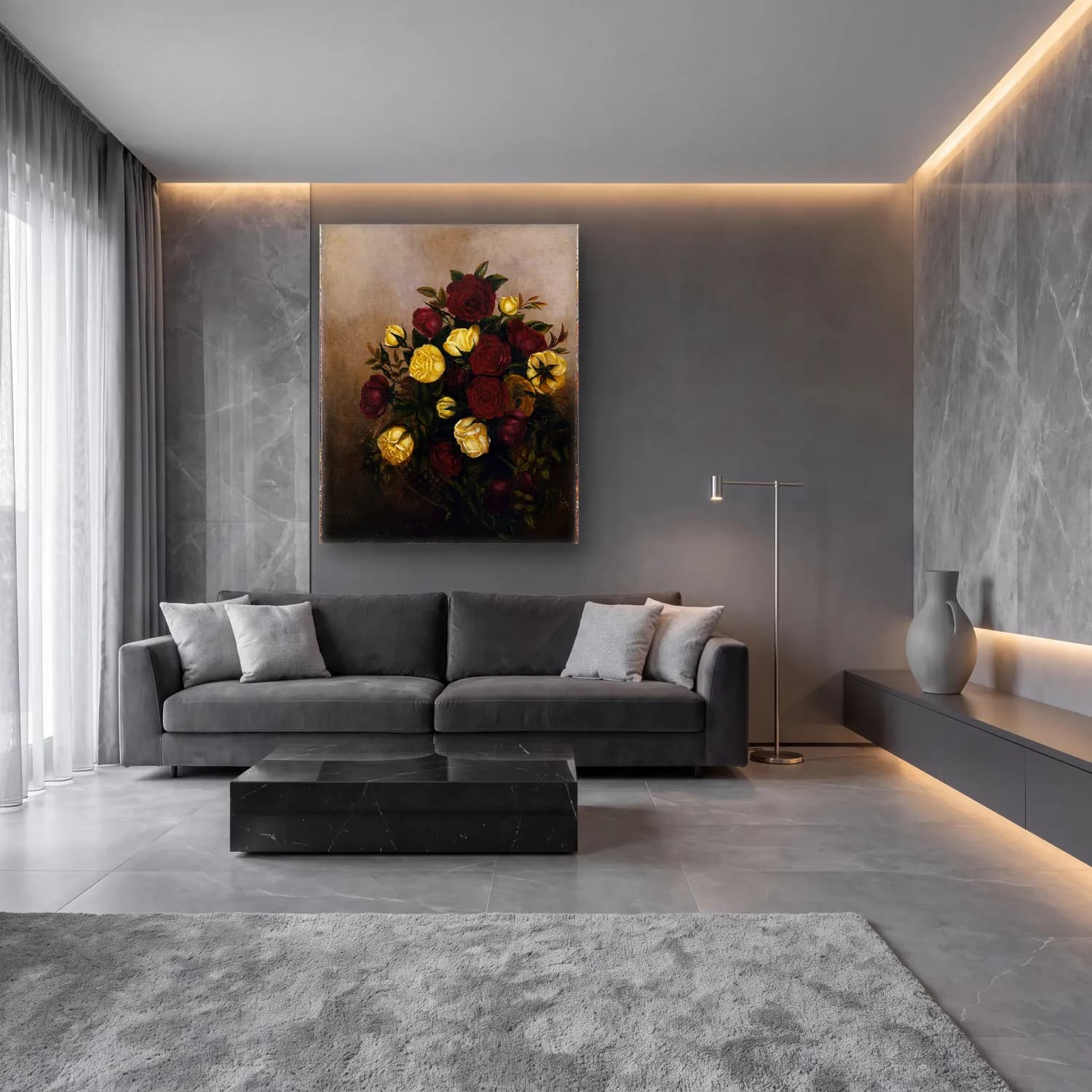Yağlı Boya Güller – Sarı Tonlar cam tablo — lüks salon duvarında