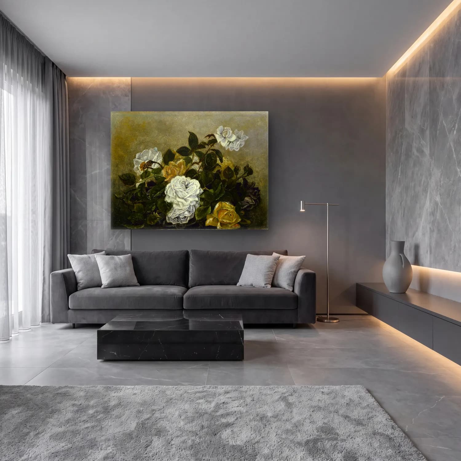 Yağlı Boya Güller No. 8 cam tablo — lüks salon duvarında