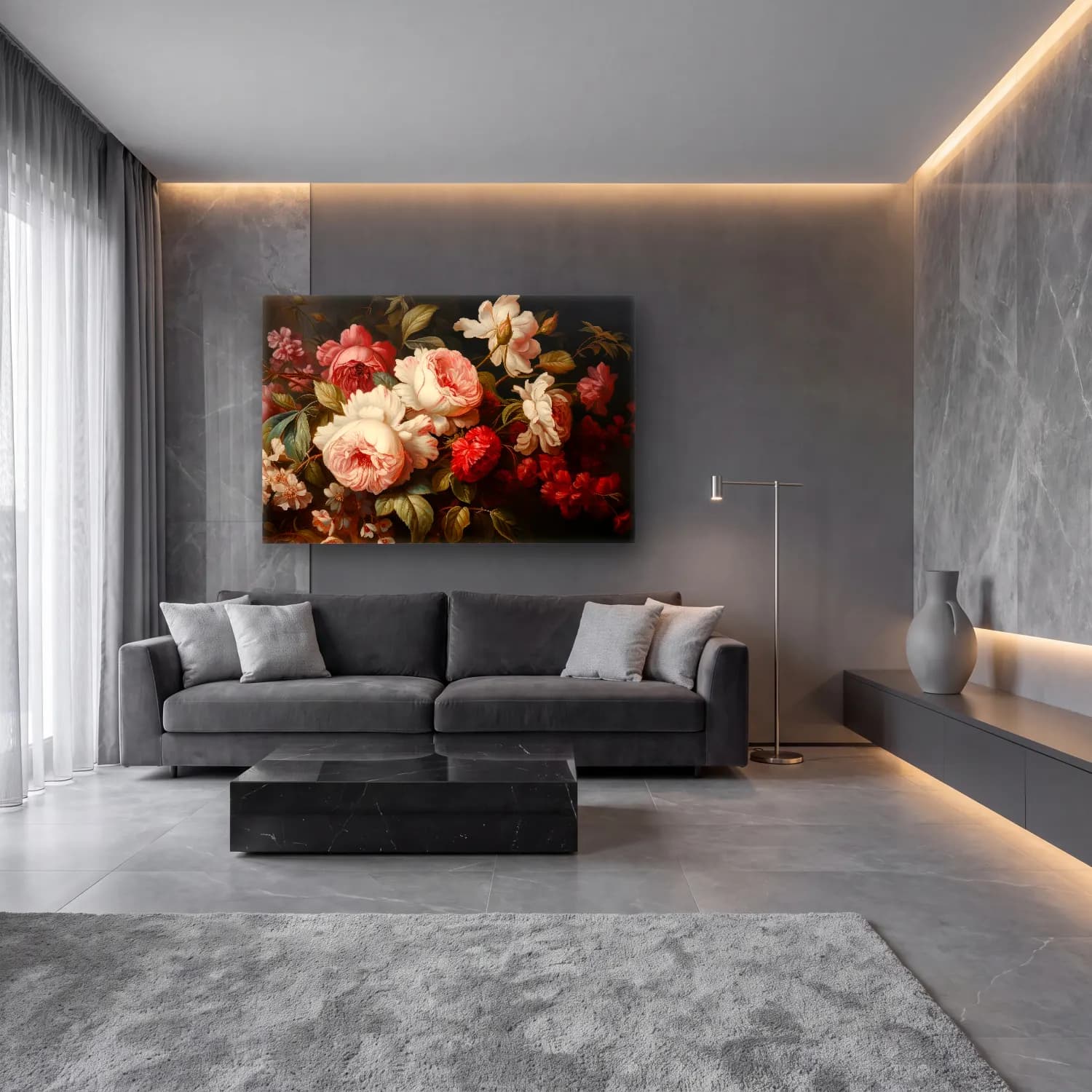 Yağlı Boya Güller – Pembe Tonlar cam tablo — lüks salon duvarında