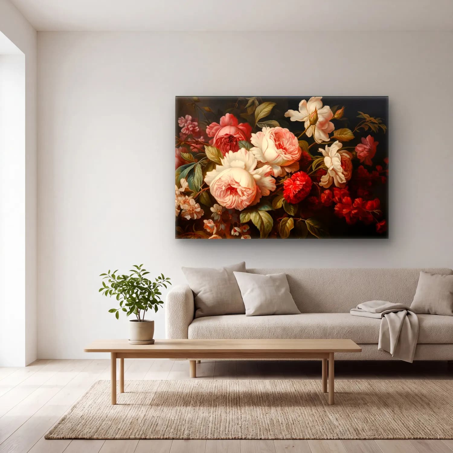 Yağlı Boya Güller – Pembe Tonlar cam tablo — açık renk salonda