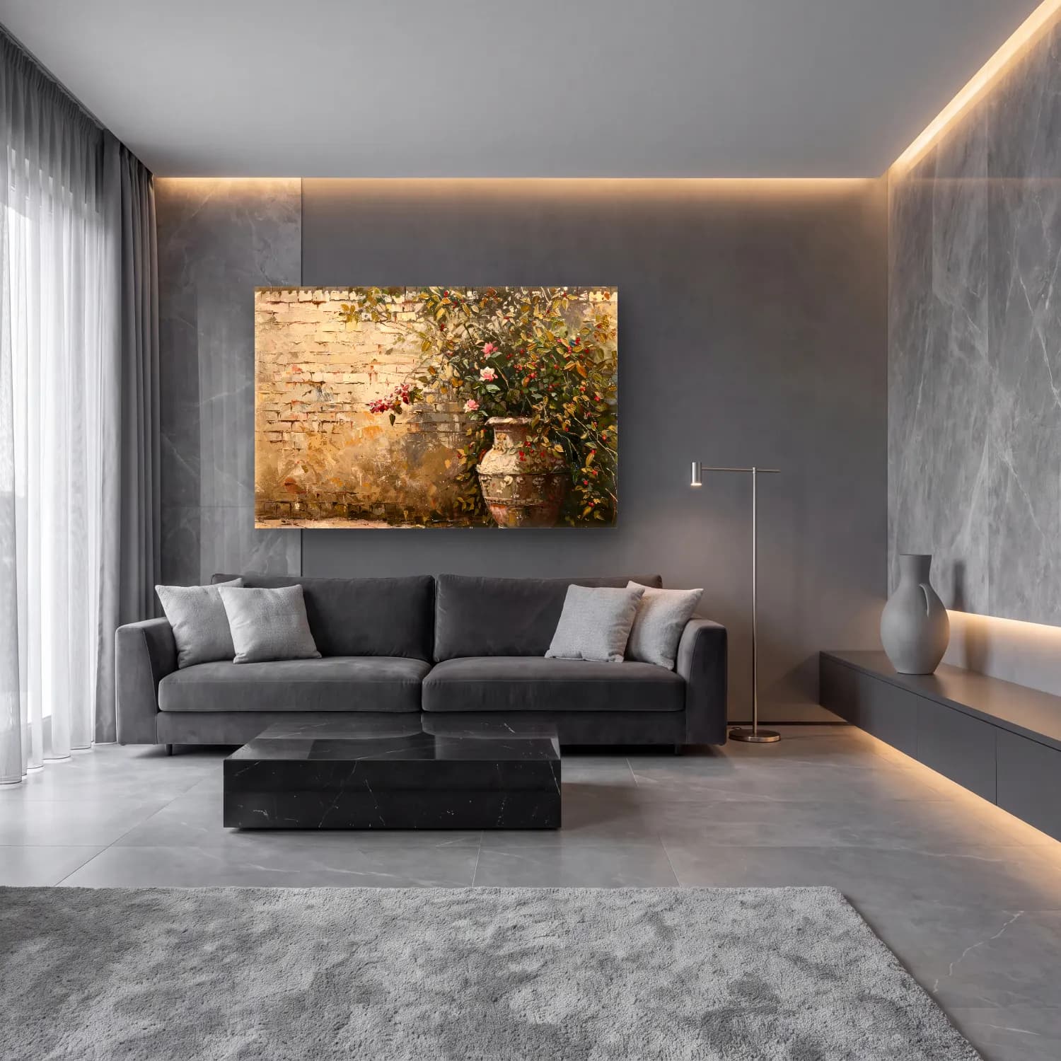 Yağlı Boya Çiçek Bahçesi – Bej Tonlar cam tablo — lüks salon duvarında