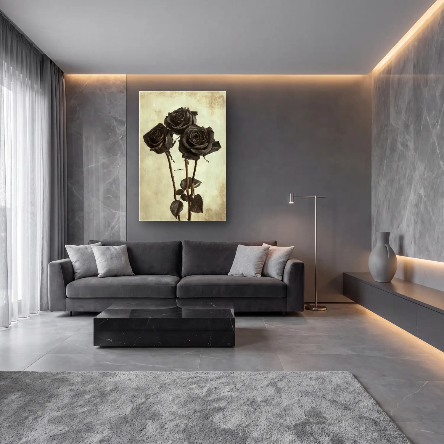 Yağlı Boya Güller No. 15 cam tablo — lüks salon duvarında