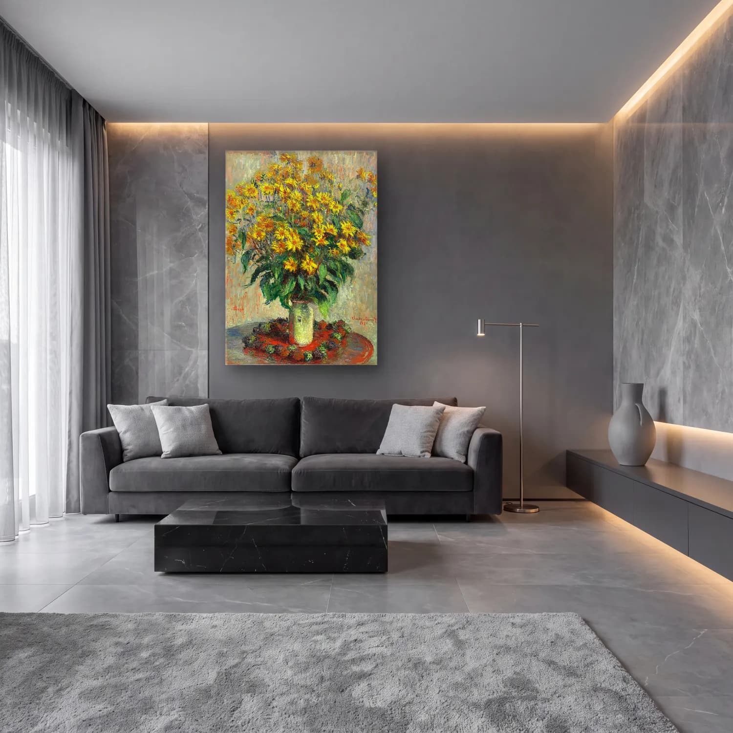 Claude Monet – Ayçiçekleri cam tablo — lüks salon duvarında