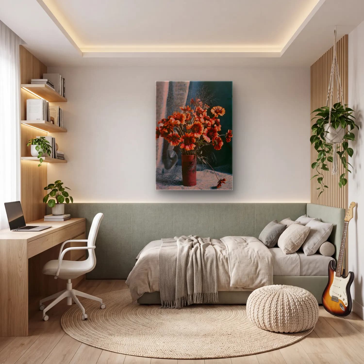 Boho Vazoda Çiçek Buketi No. 11 cam tablo — genç odasında