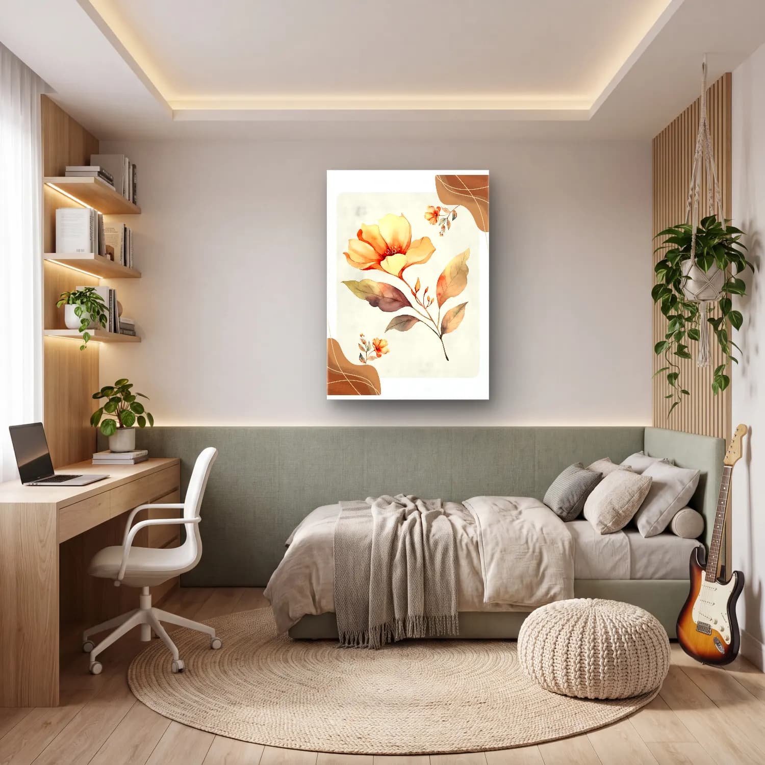 Suluboya Çiçek Deseni cam tablo — genç odasında