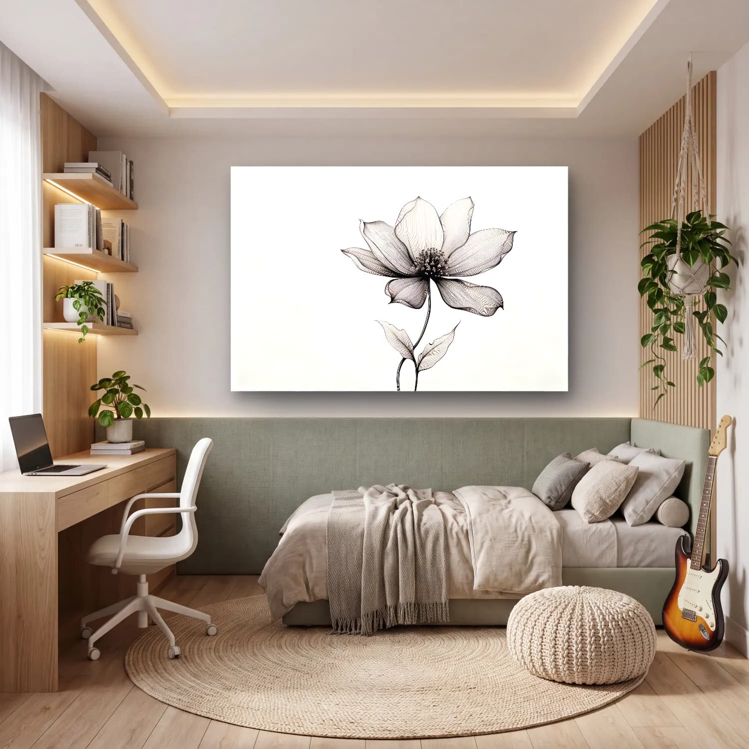 Botanik İllüstrasyon Çiçek Deseni – Siyah Beyaz Tonlar cam tablo — genç odasında