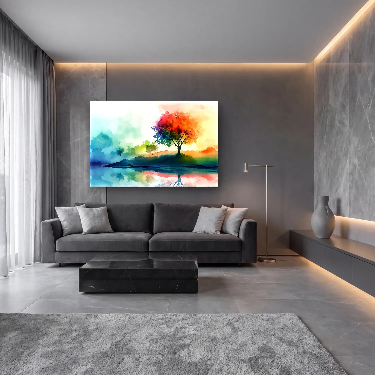 Suluboya Gün Batımında Göl – Pastel Tonlar cam tablo — lüks salon duvarında