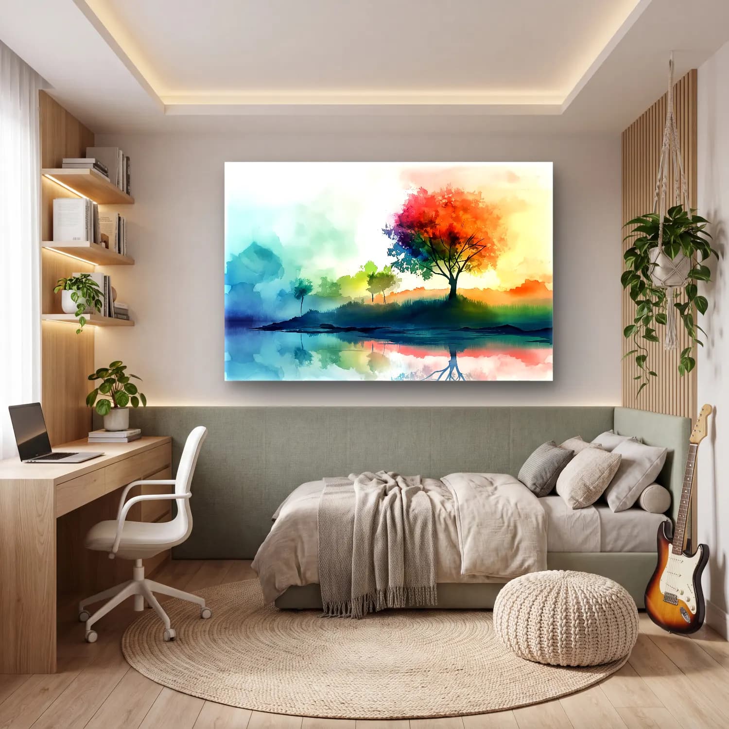 Suluboya Gün Batımında Göl – Pastel Tonlar cam tablo — genç odasında