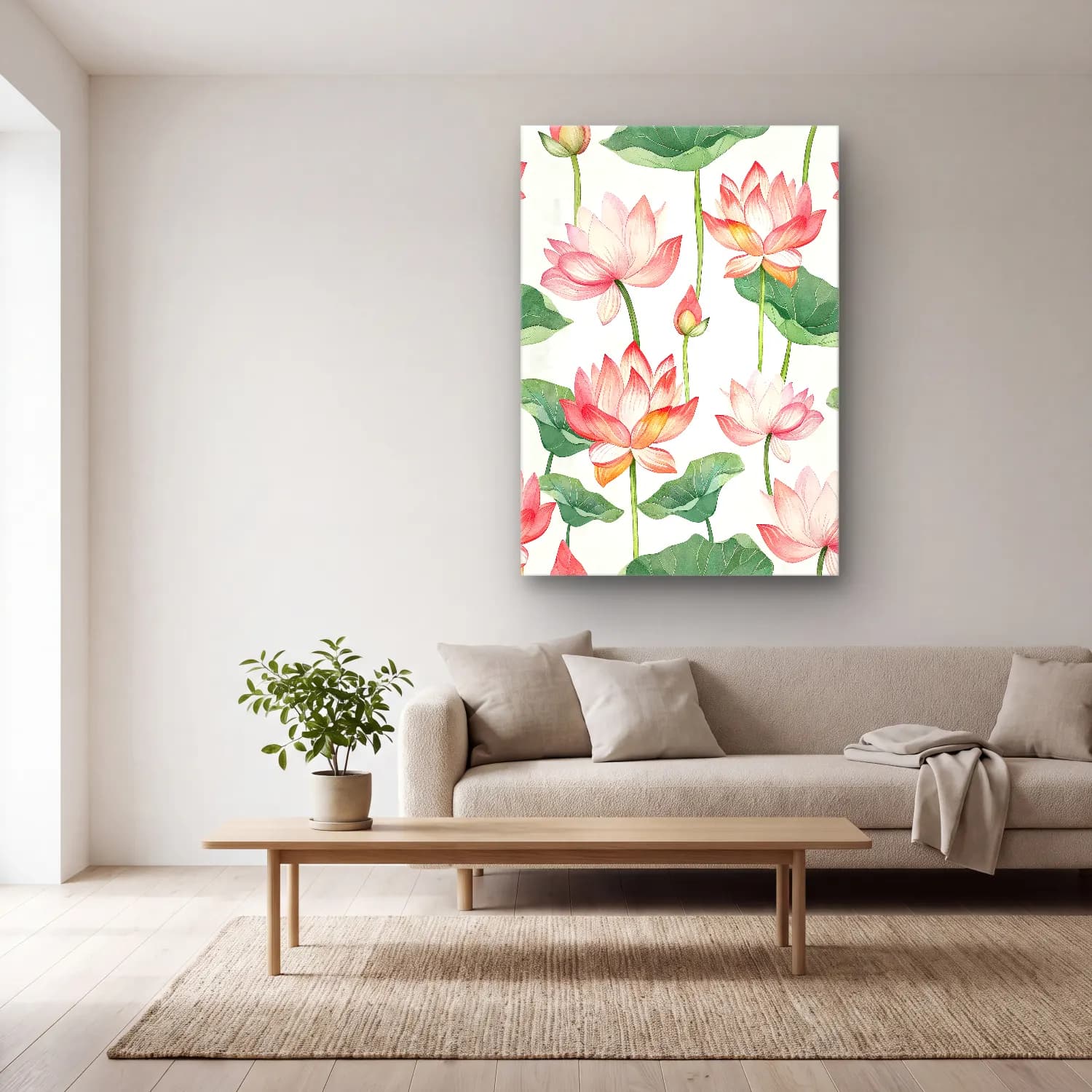 Botanik İllüstrasyon Lotus Çiçekleri – Pembe Tonlar cam tablo — açık renk salonda
