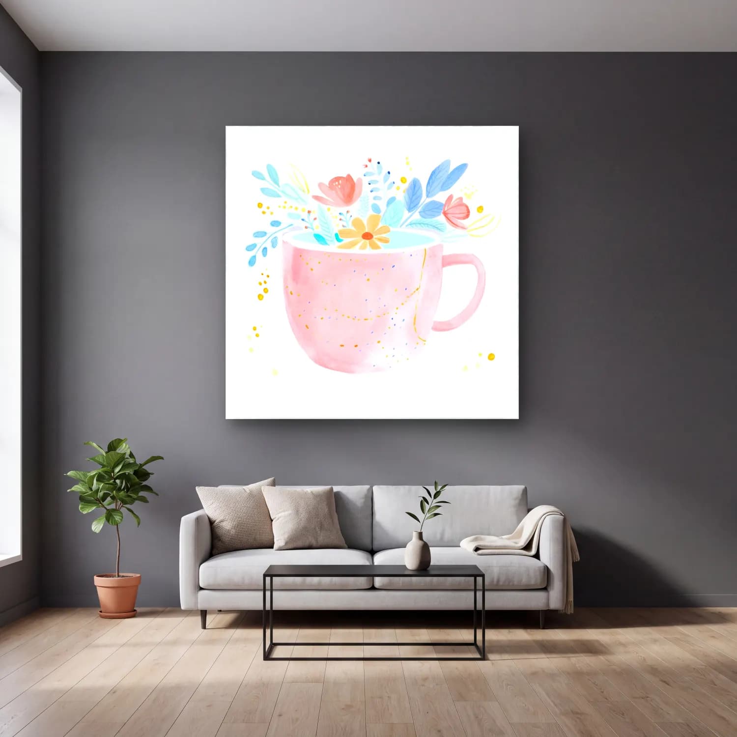 Pastel Çay Fincanı – Pembe Tonlar cam tablo — gri duvarlı salonda