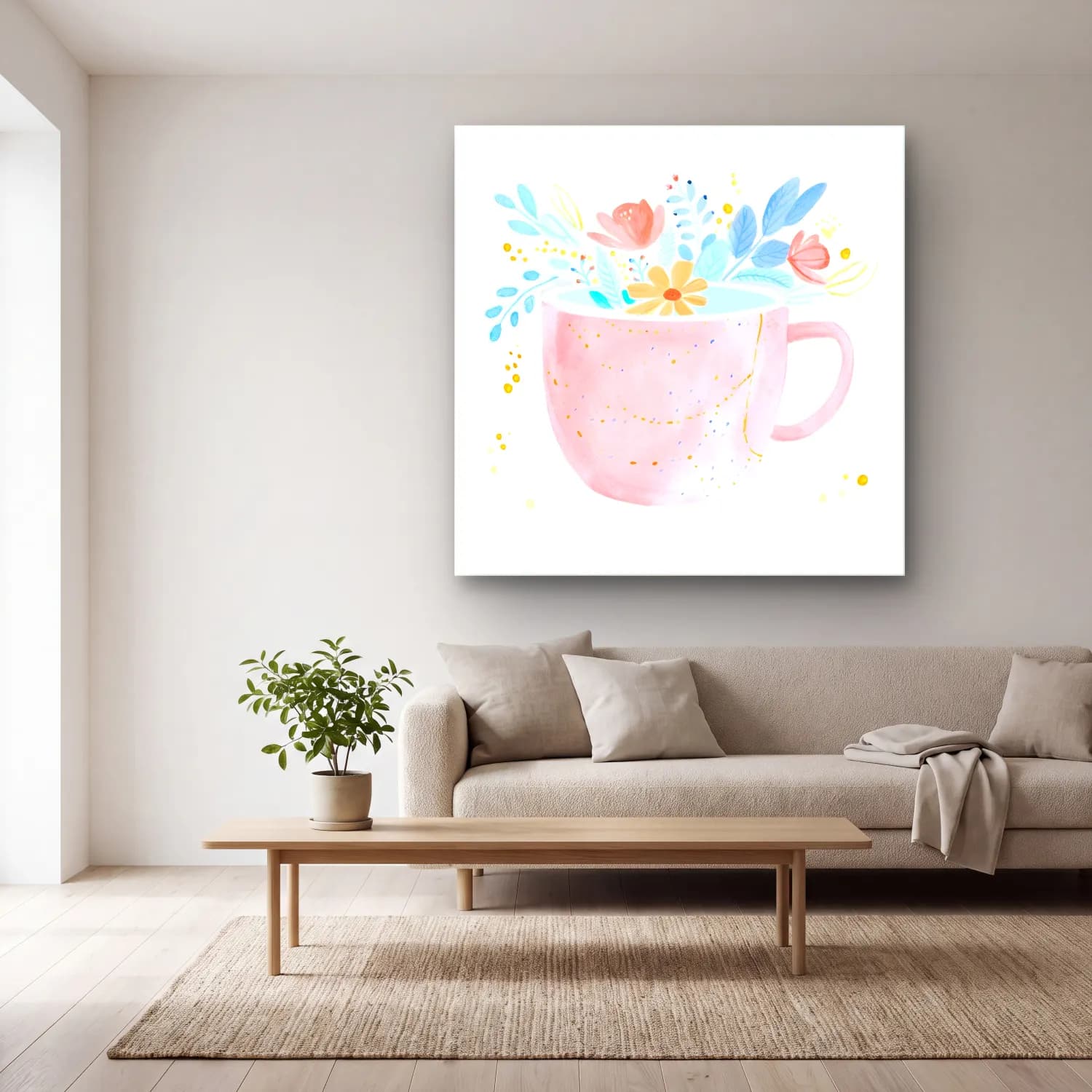 Pastel Çay Fincanı – Pembe Tonlar cam tablo — açık renk salonda