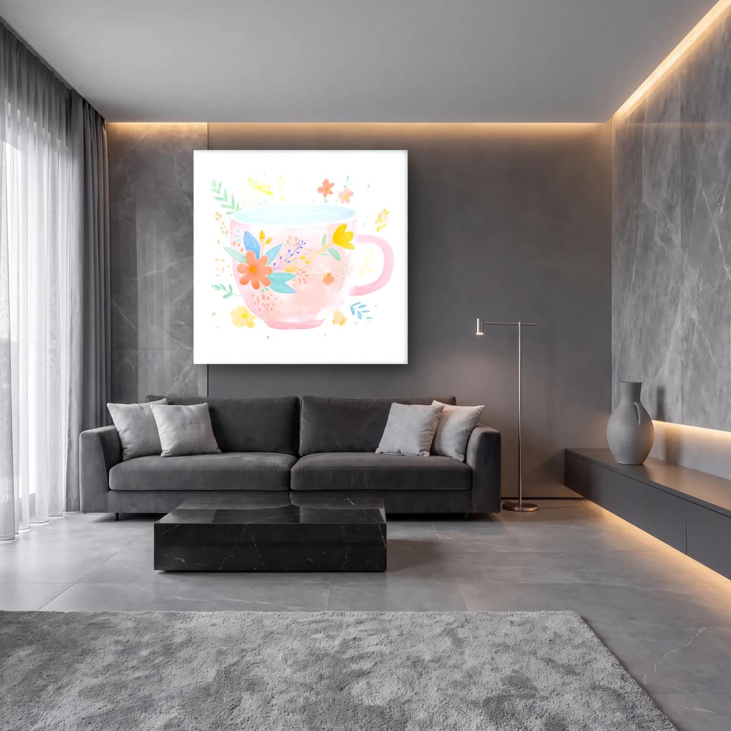 Pastel Çay Fincanı No. 4 cam tablo — lüks salon duvarında