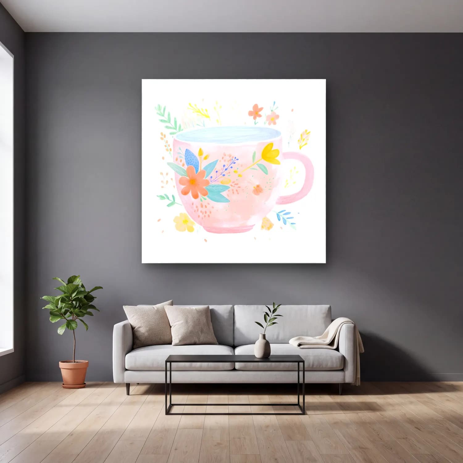 Pastel Çay Fincanı No. 4 cam tablo — gri duvarlı salonda