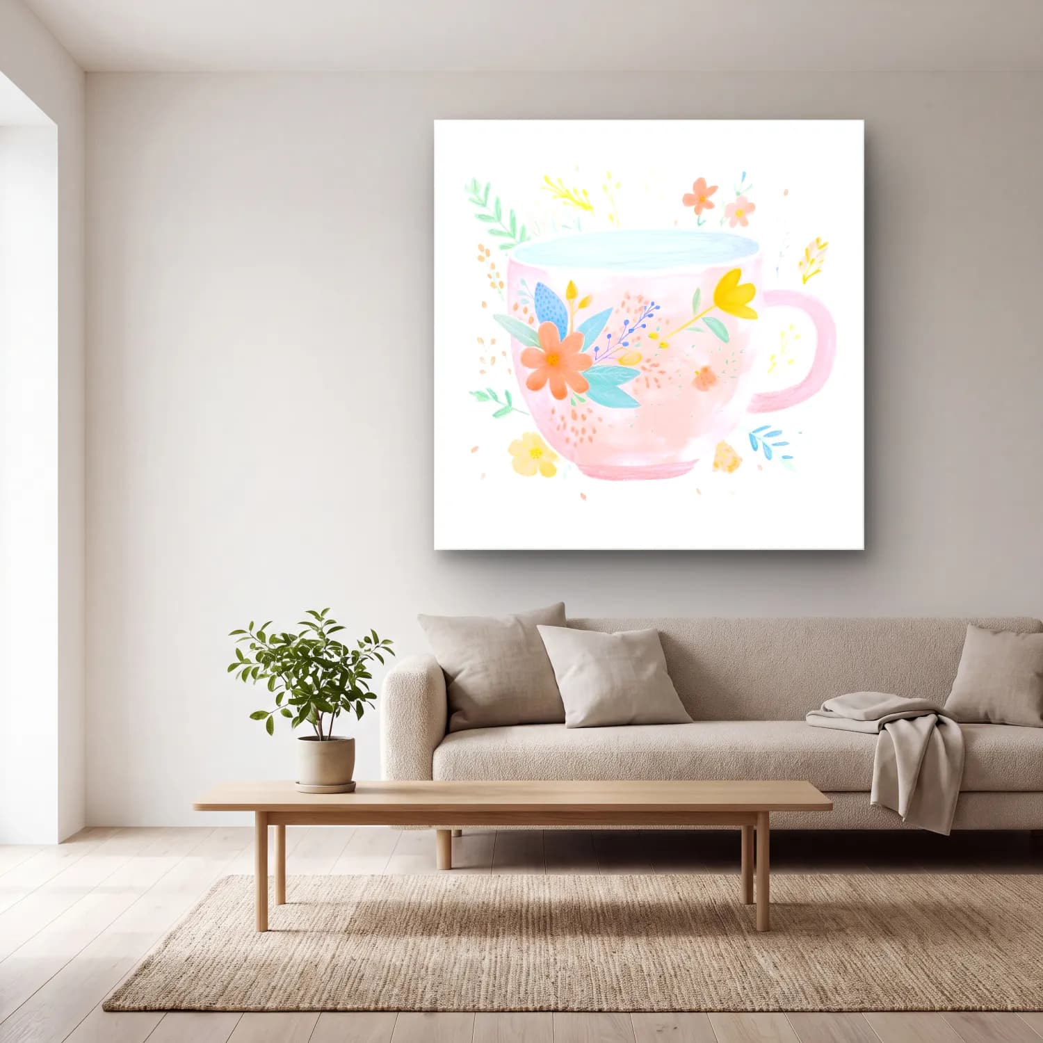 Pastel Çay Fincanı No. 4 cam tablo — açık renk salonda